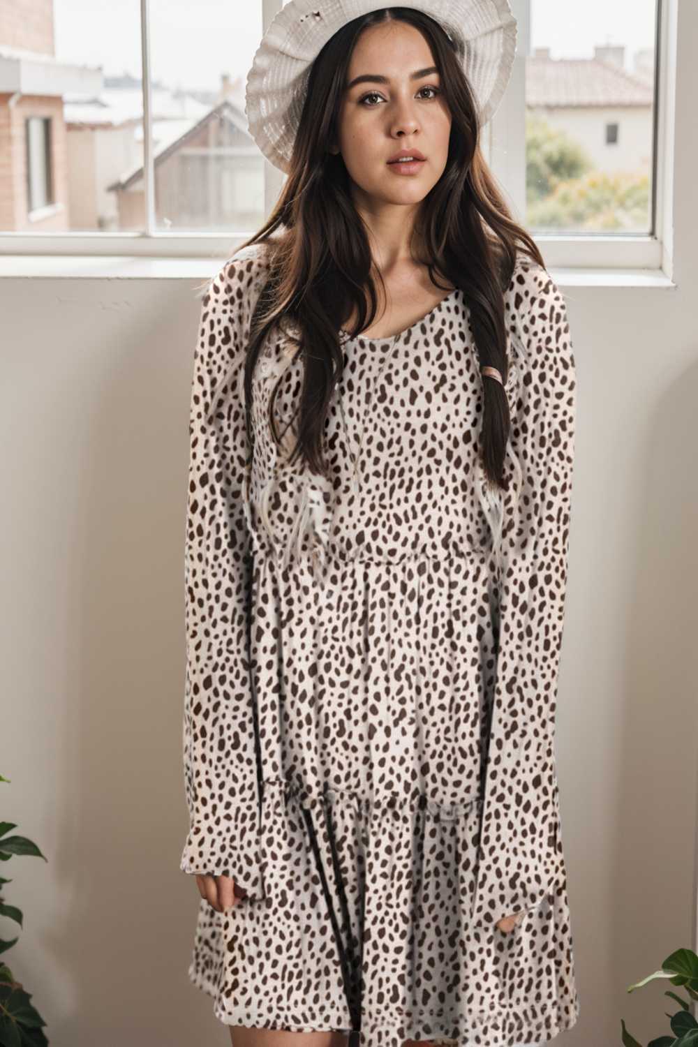 loose leopard print v neck dress drop shoulder a line closed cape paneled 127173