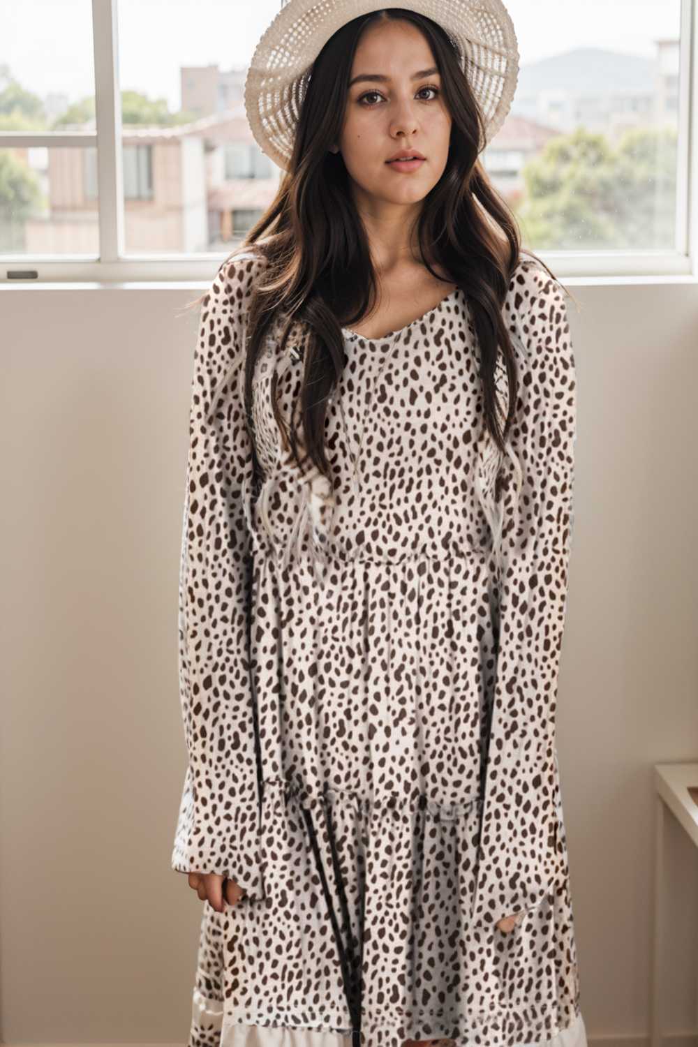 loose leopard print v neck dress drop shoulder a line closed cape paneled 115561
