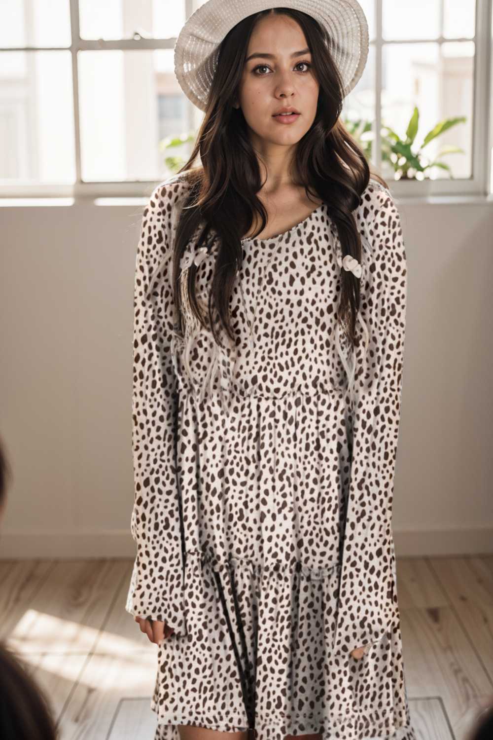loose leopard print v neck dress drop shoulder a line closed cape paneled 117637
