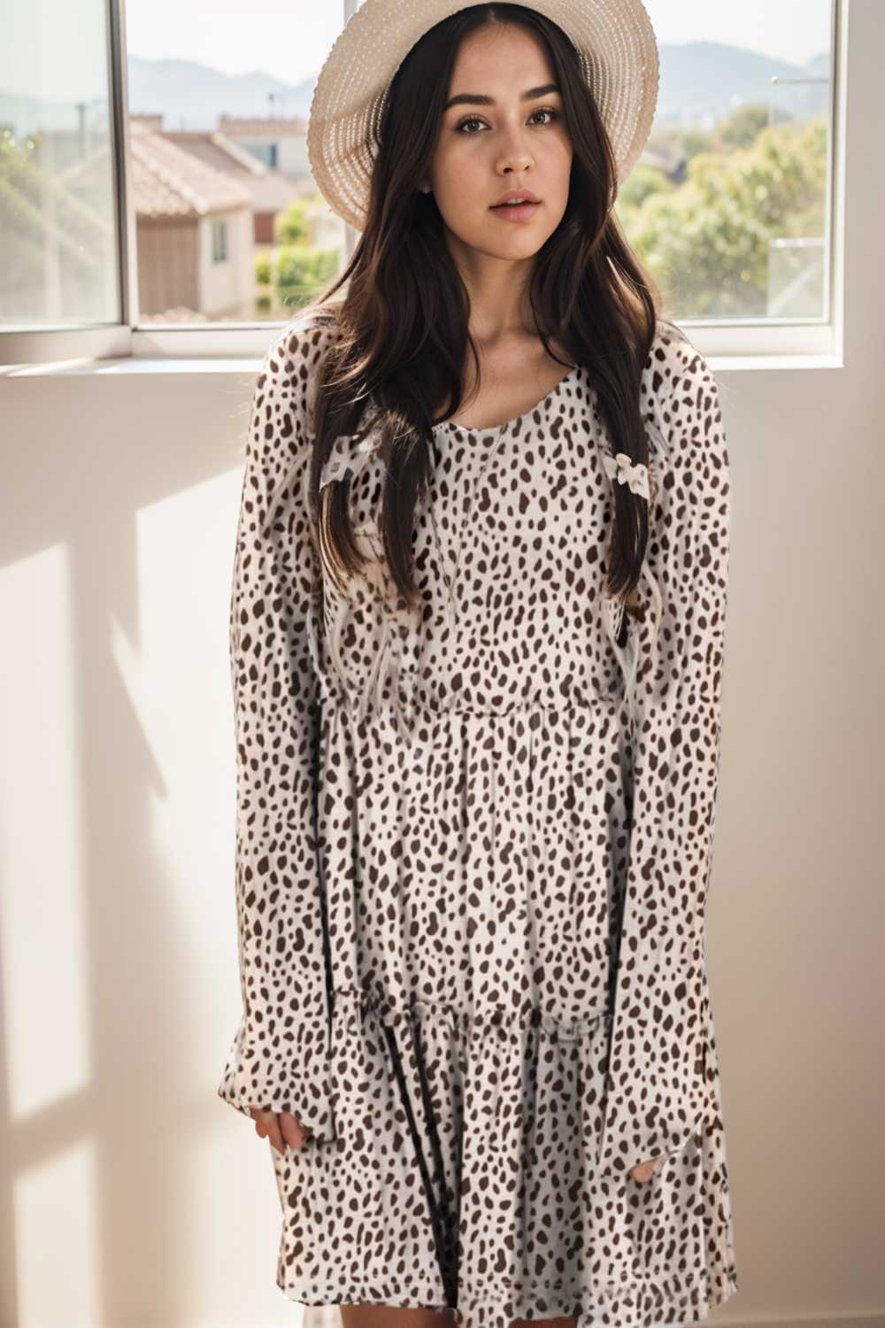 loose leopard print v neck dress drop shoulder a line closed cape paneled 127171