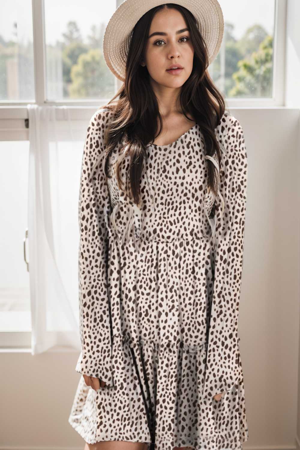 loose leopard print v neck dress drop shoulder a line closed cape paneled 127170