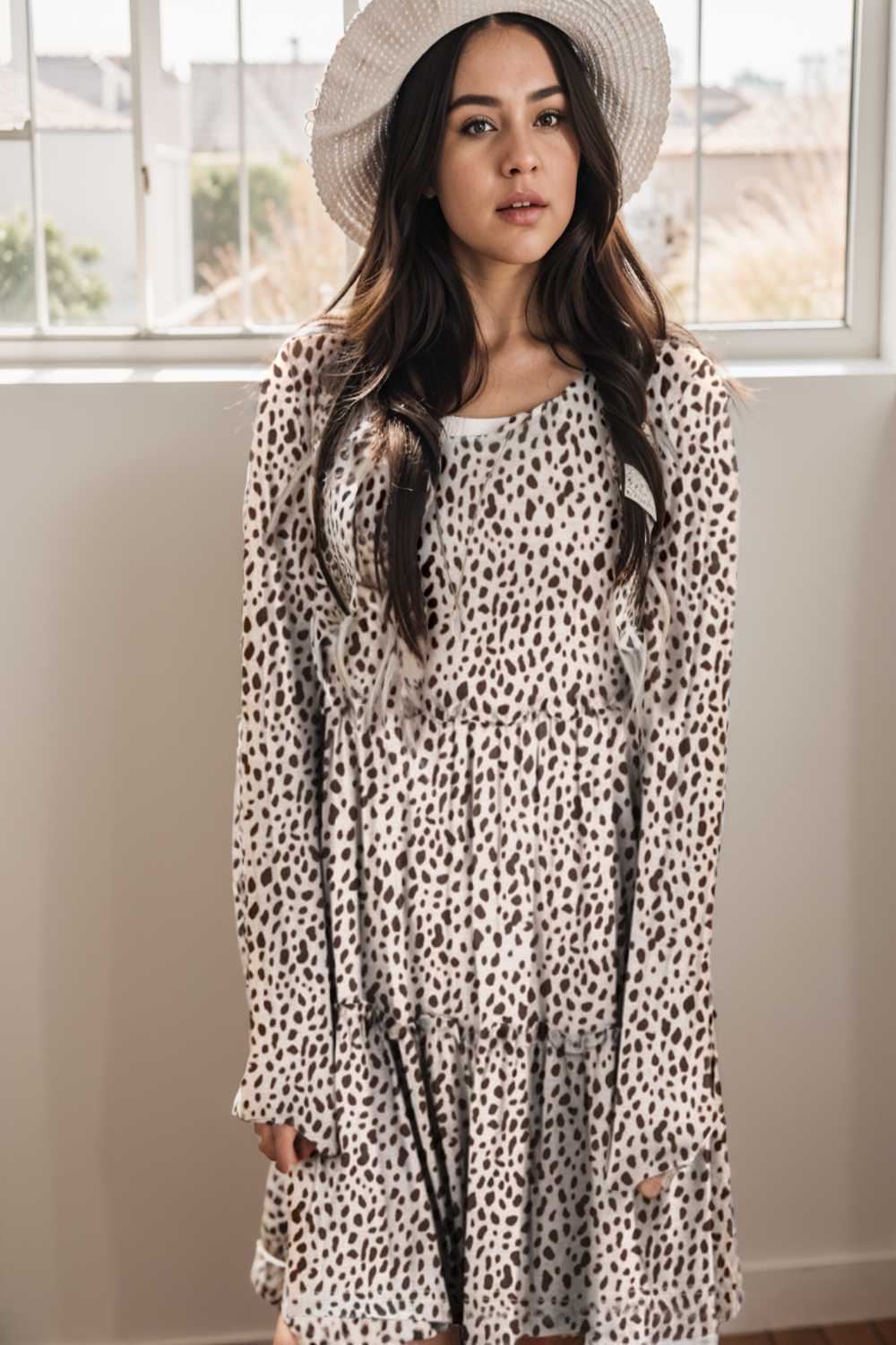 loose leopard print v neck dress drop shoulder a line closed cape paneled 127169