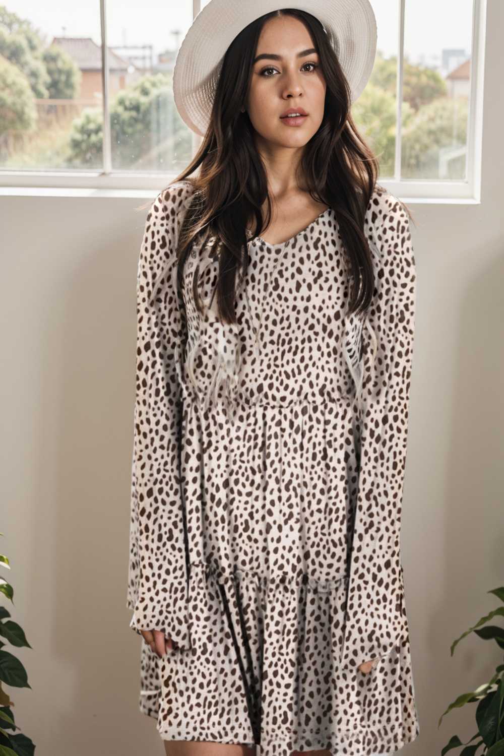 loose leopard print v neck dress drop shoulder a line closed cape paneled 127167
