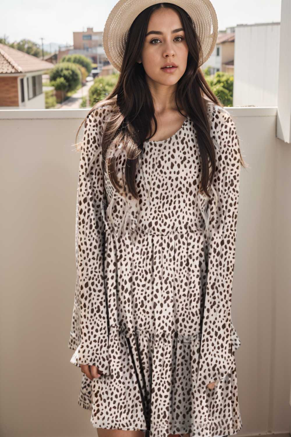 loose leopard print v neck dress drop shoulder a line closed cape paneled 127502