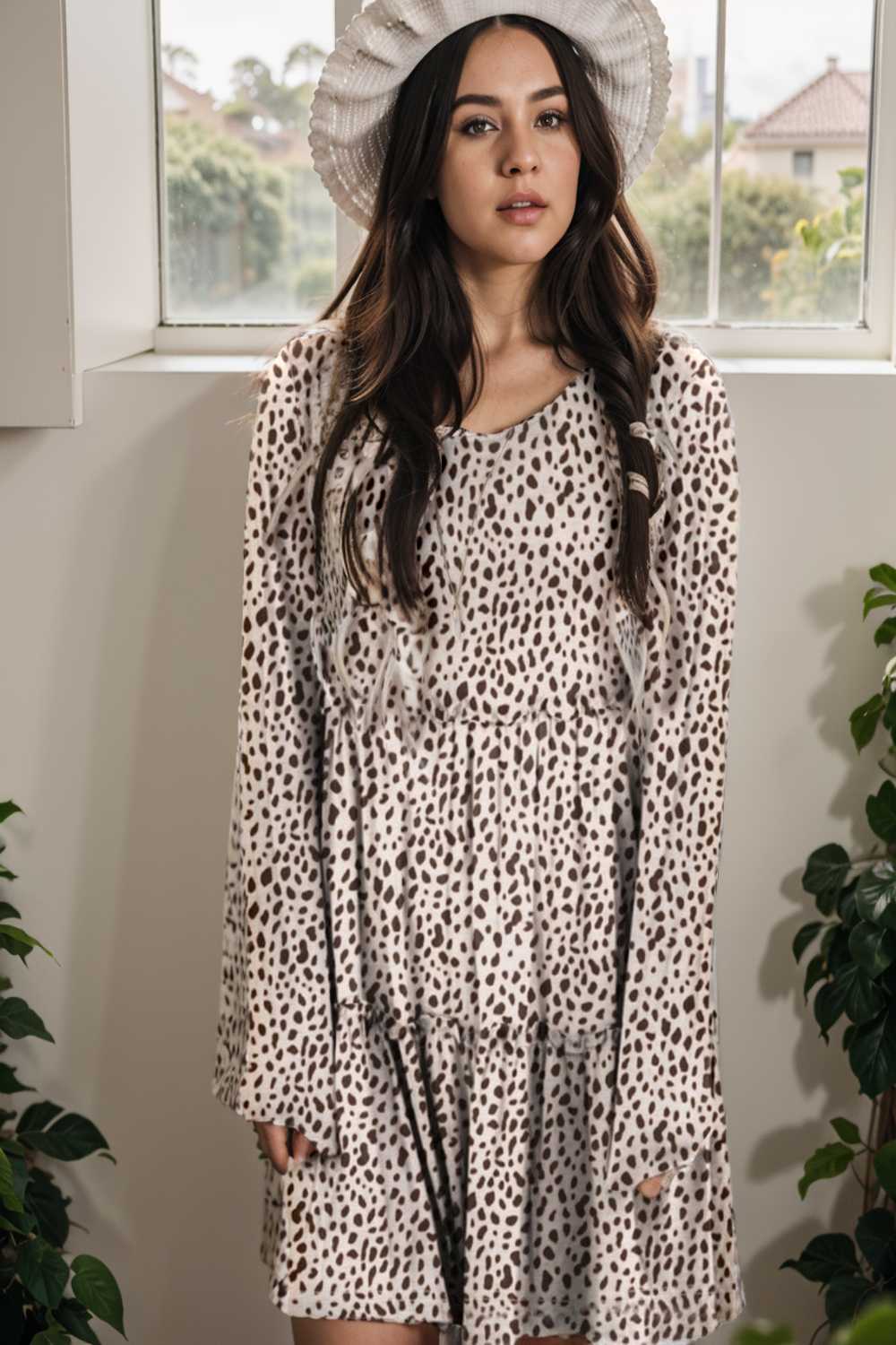 loose leopard print v neck dress drop shoulder a line closed cape paneled 141716
