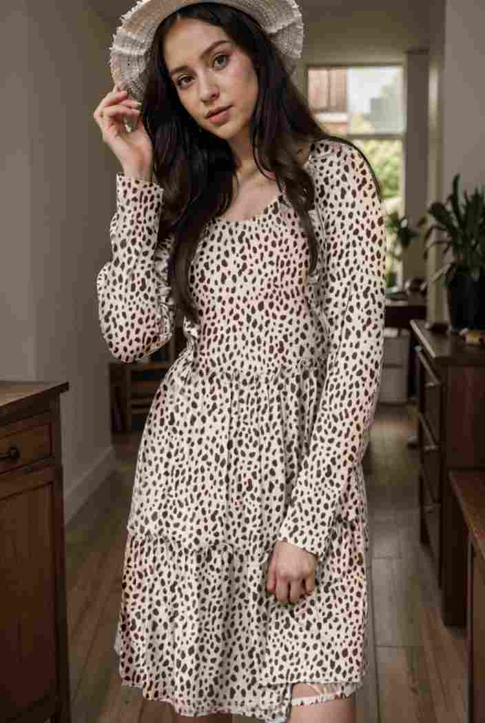 loose leopard print v neck dress drop shoulder a line closed cape paneled 118811