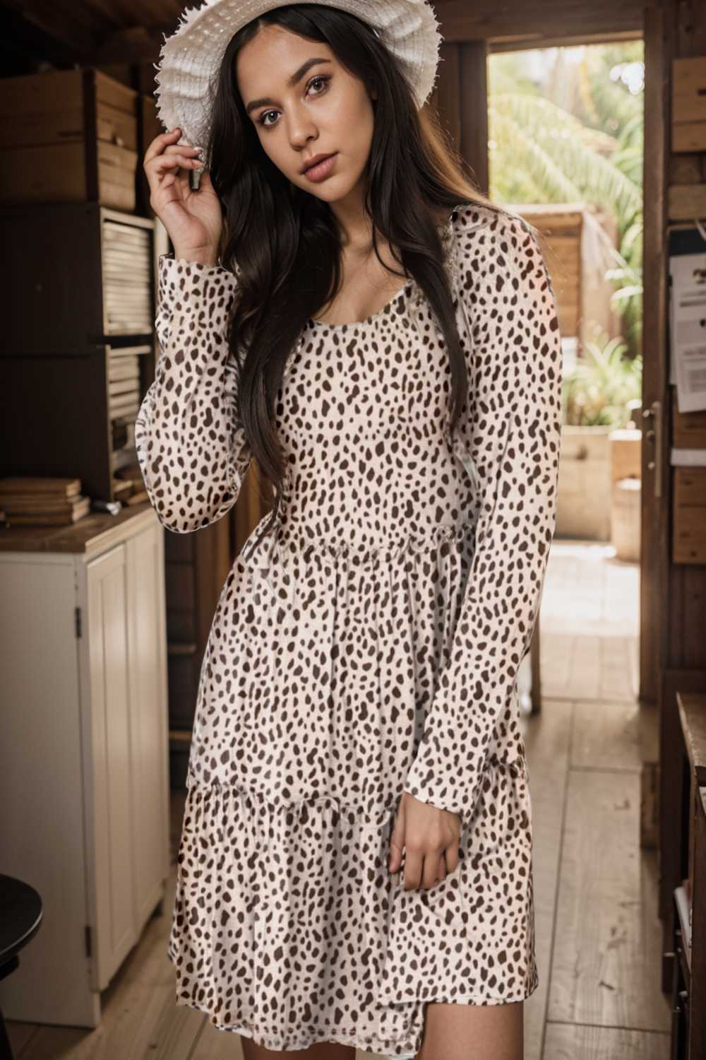 loose leopard print v neck dress drop shoulder a line closed cape paneled 112816