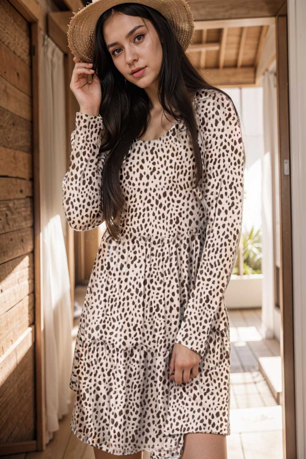 loose leopard print v neck dress drop shoulder a line closed cape paneled 133182