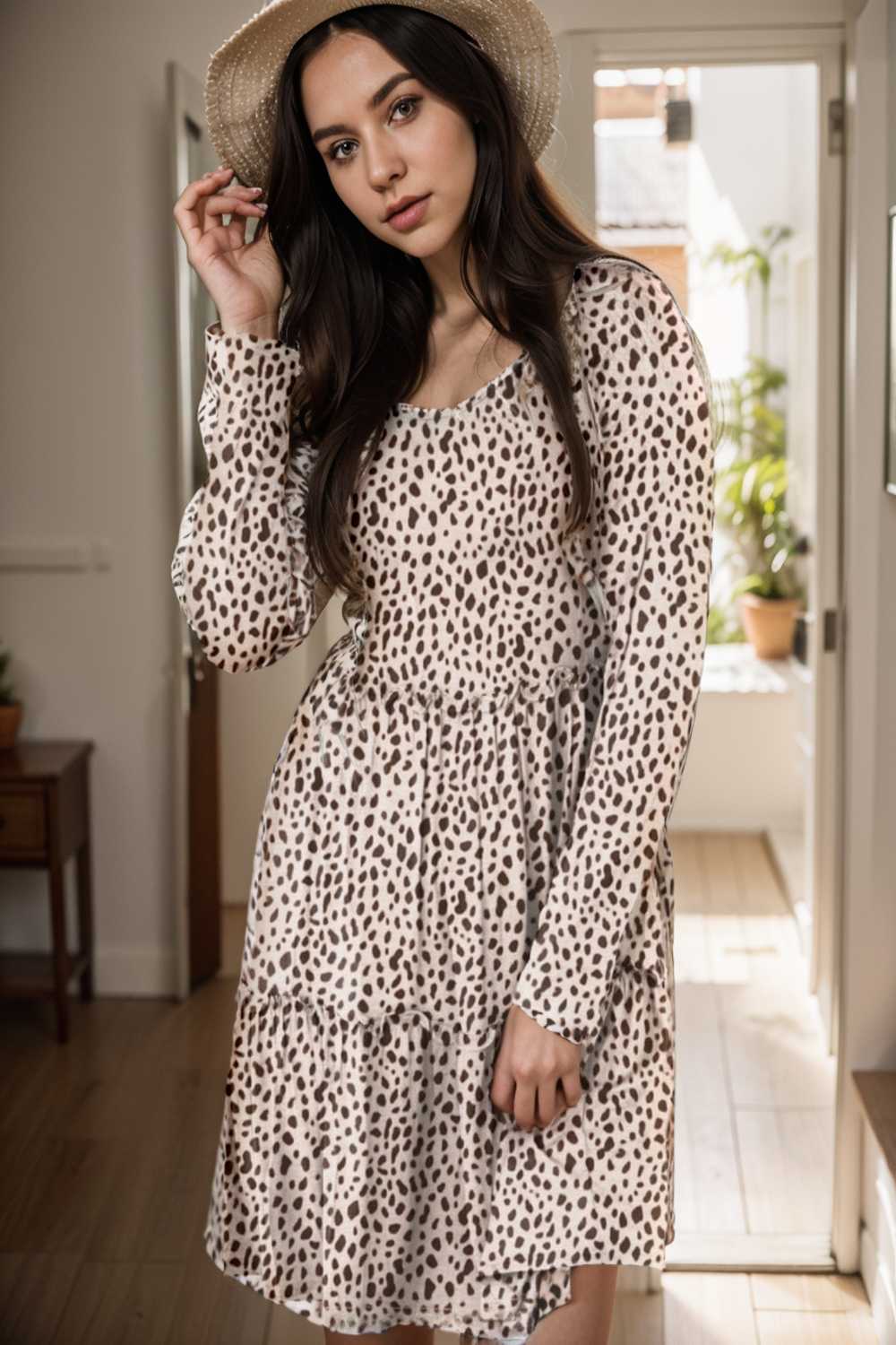 loose leopard print v neck dress drop shoulder a line closed cape paneled 110877