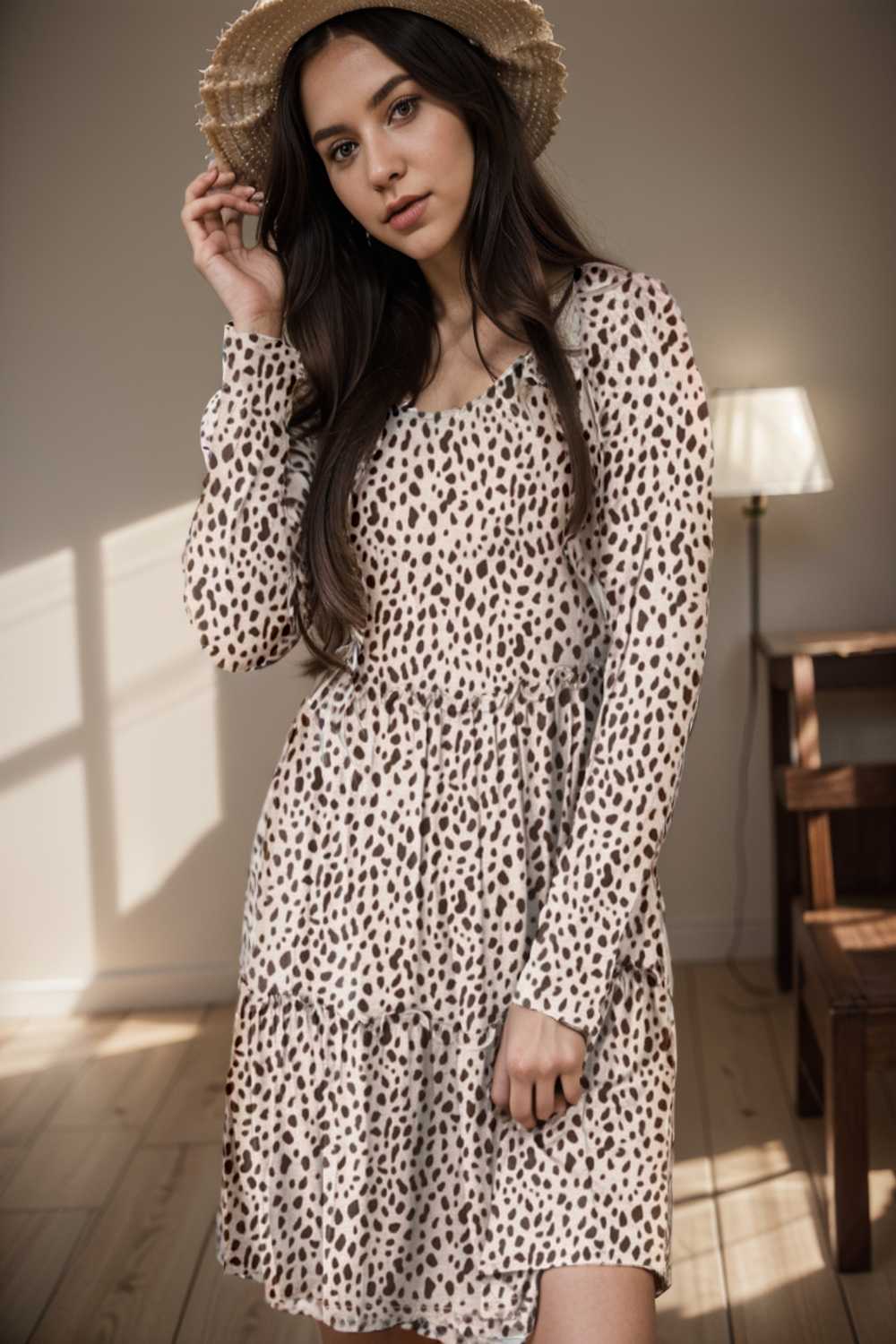 loose leopard print v neck dress drop shoulder a line closed cape paneled 127166