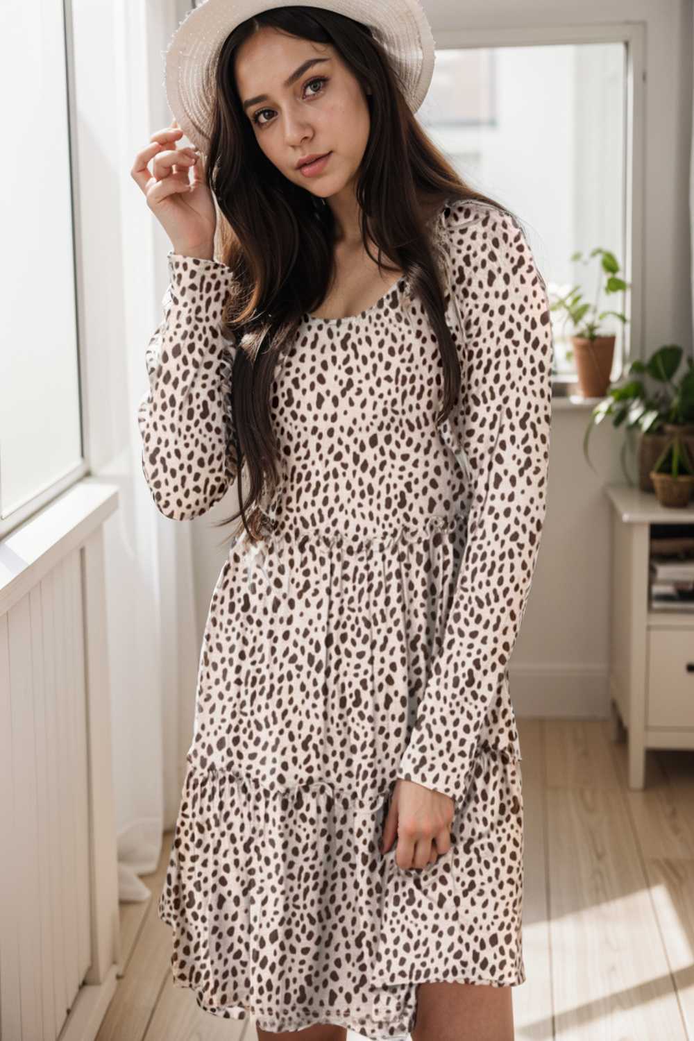 loose leopard print v neck dress drop shoulder a line closed cape paneled 115560