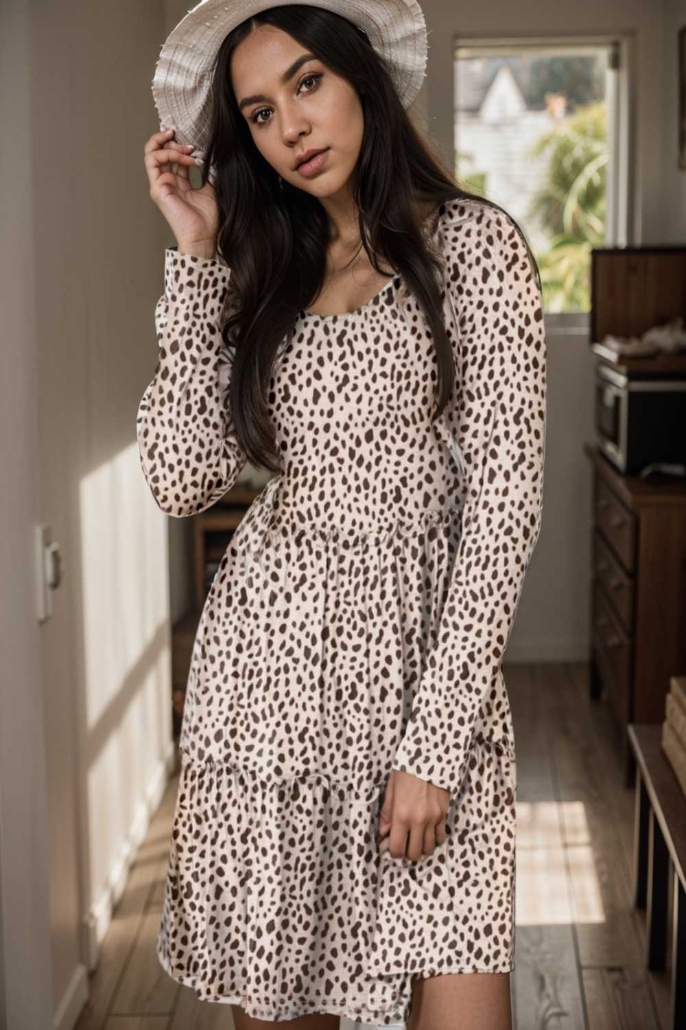 loose leopard print v neck dress drop shoulder a line closed cape paneled 127549