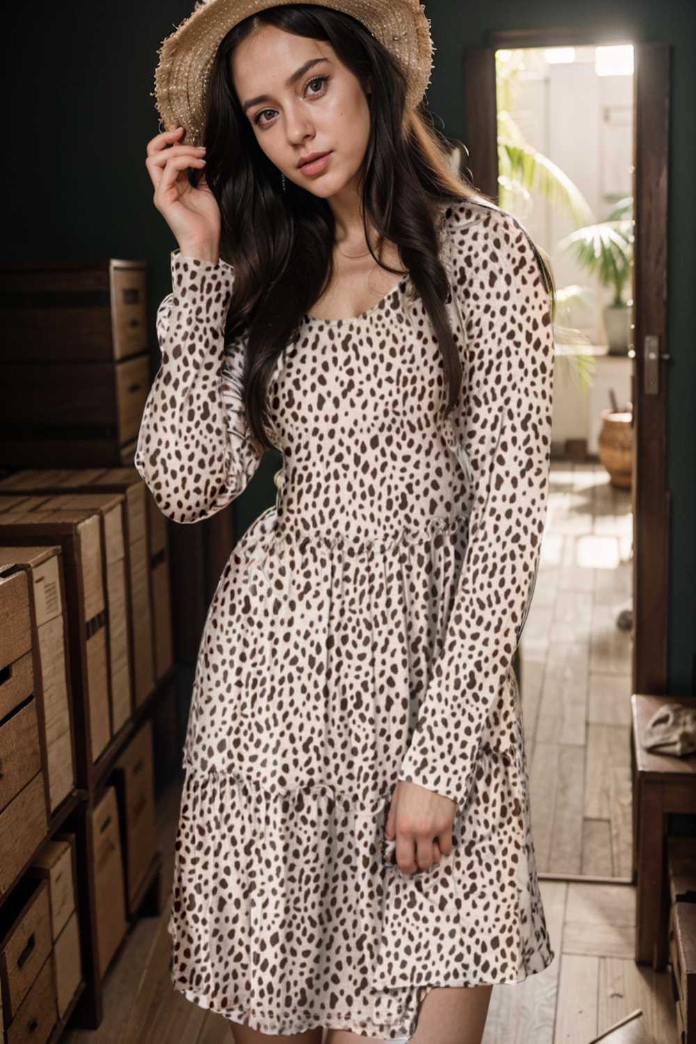 loose leopard print v neck dress drop shoulder a line closed cape paneled 129663