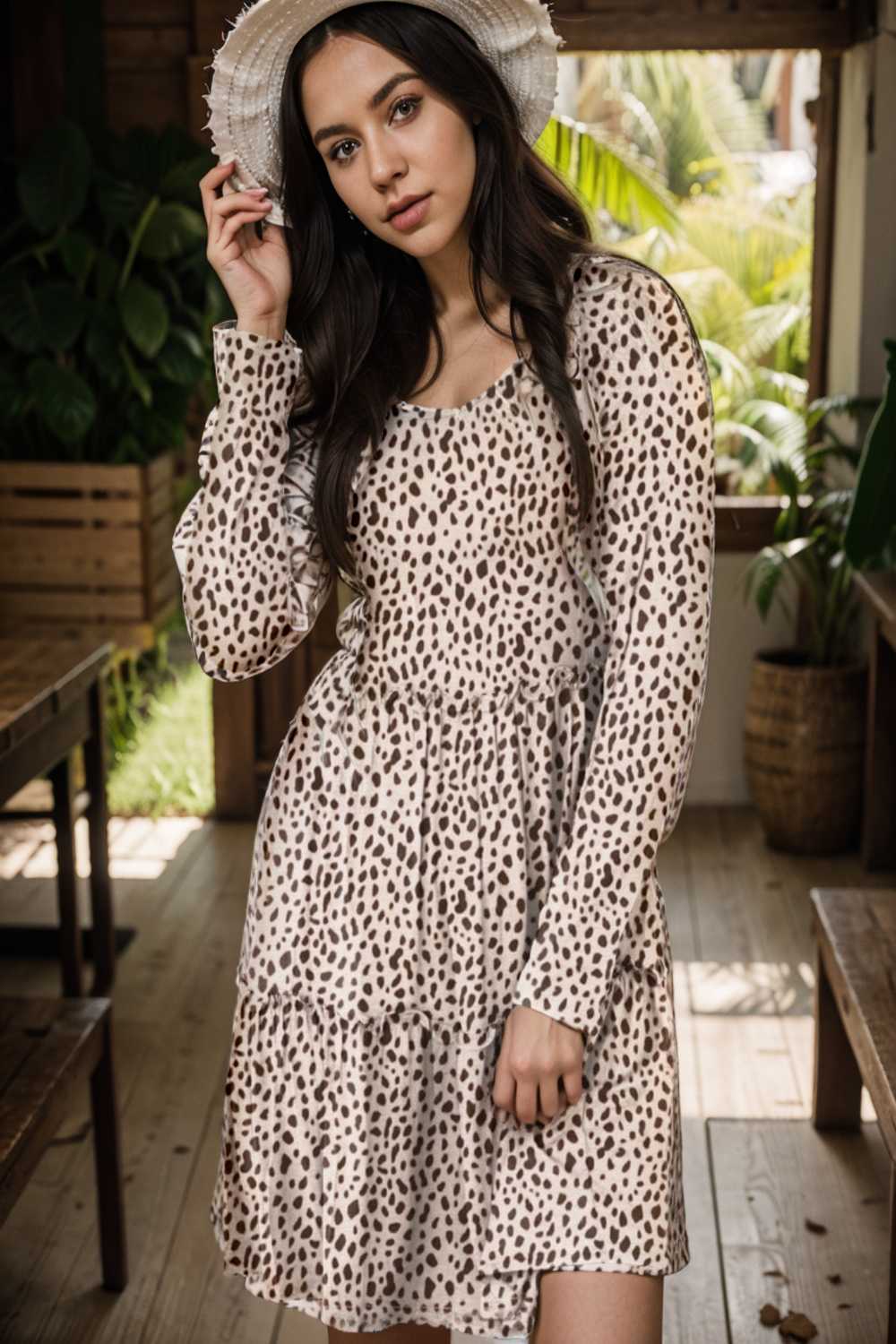 loose leopard print v neck dress drop shoulder a line closed cape paneled 135995