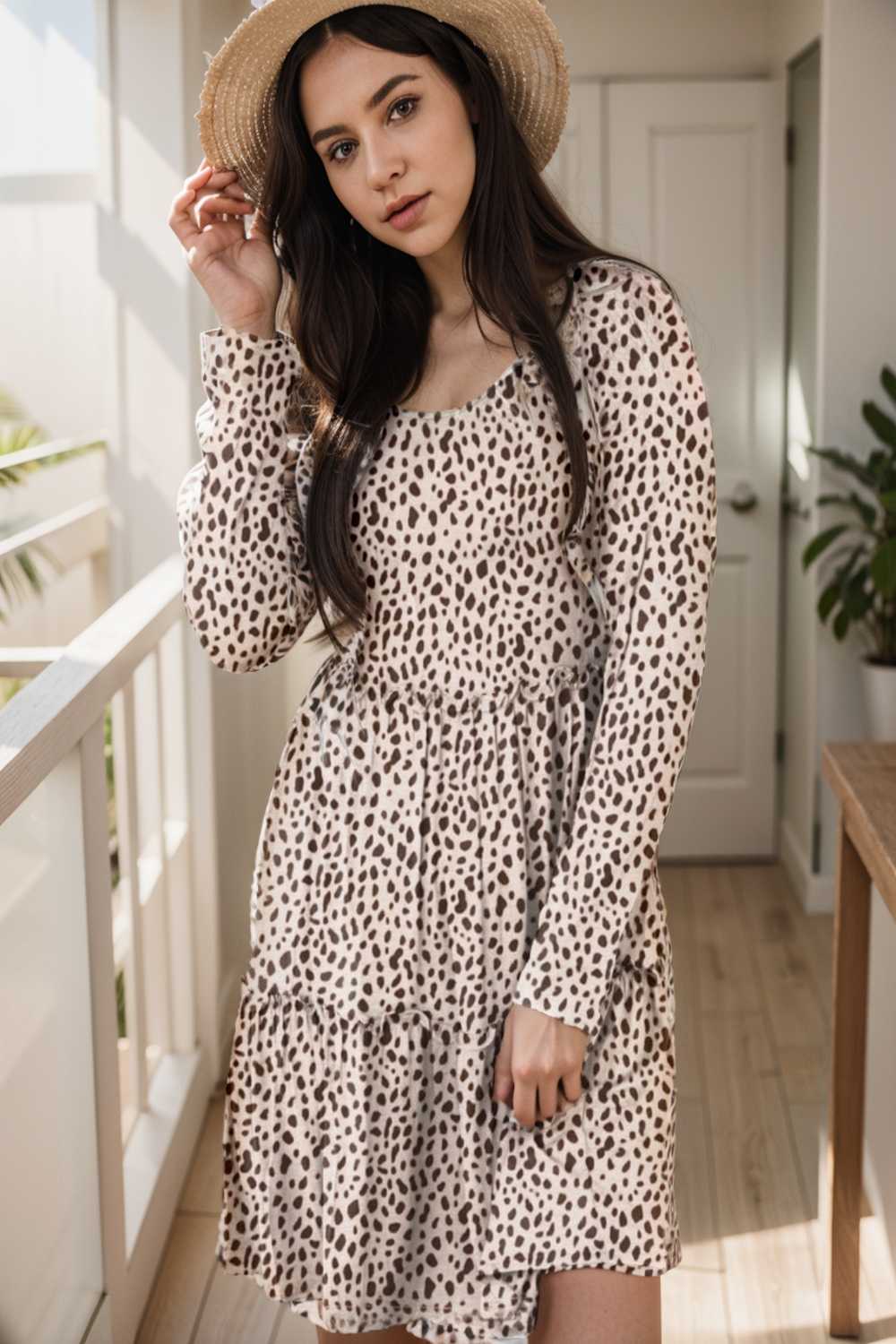 loose leopard print v neck dress drop shoulder a line closed cape paneled 135189