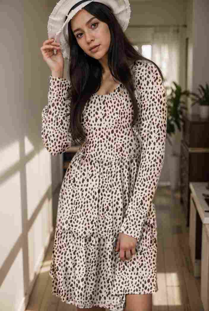 loose leopard print v neck dress drop shoulder a line closed cape paneled 130223