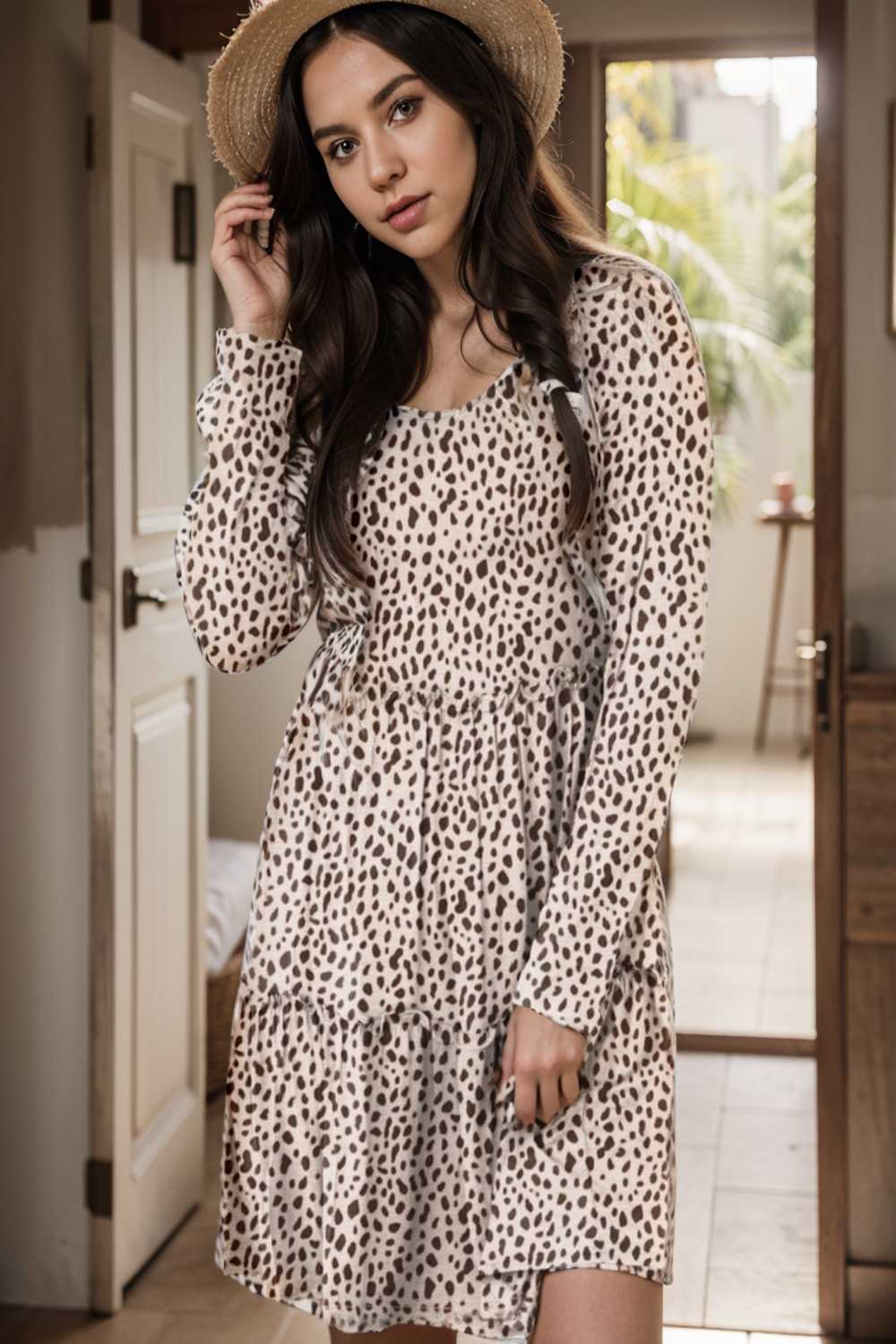 loose leopard print v neck dress drop shoulder a line closed cape paneled 127500