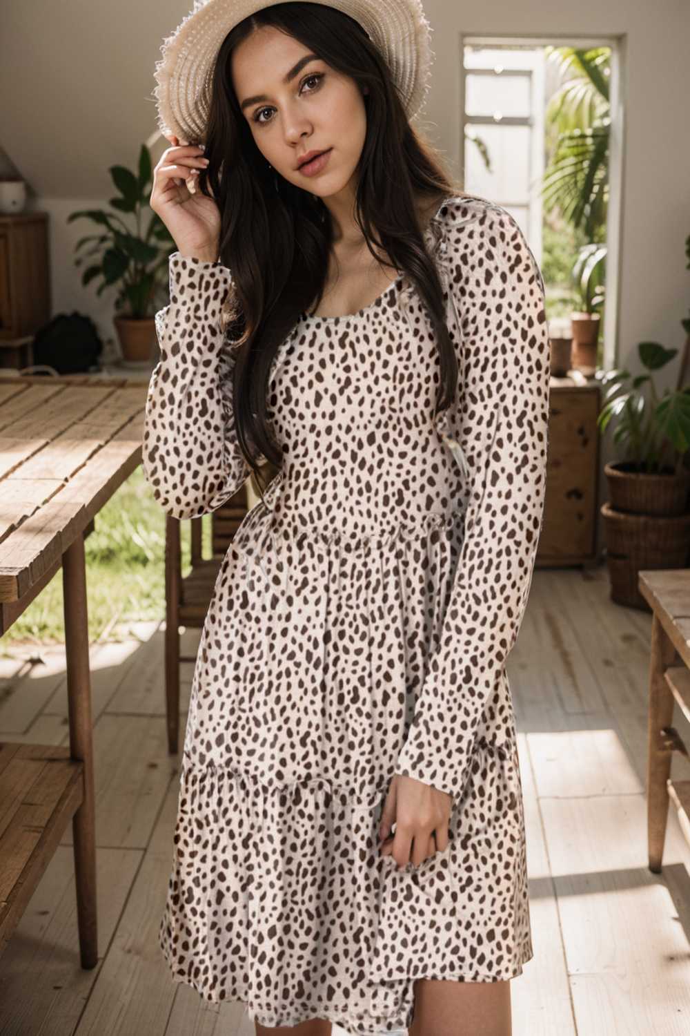 loose leopard print v neck dress drop shoulder a line closed cape paneled 127548