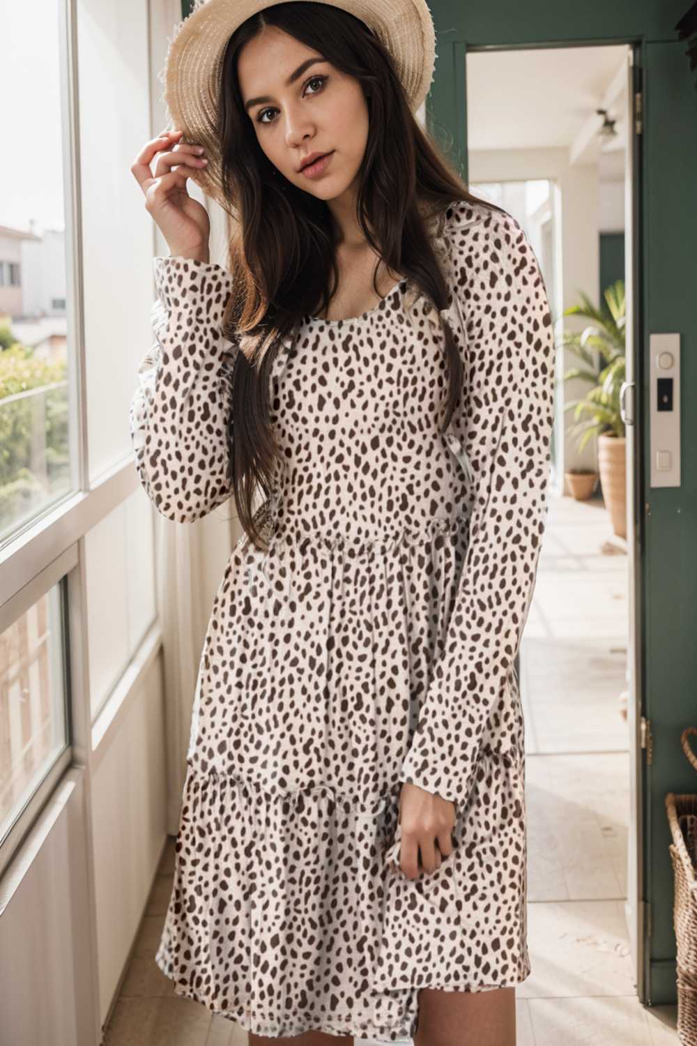 loose leopard print v neck dress drop shoulder a line closed cape paneled 135994