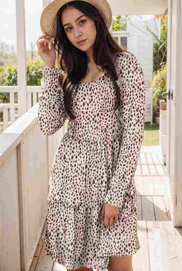 loose leopard print v neck dress drop shoulder a line closed cape paneled 130222