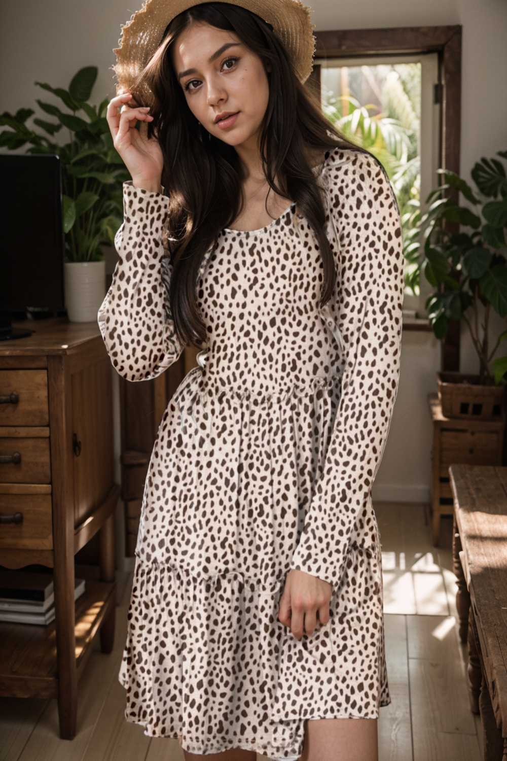 loose leopard print v neck dress drop shoulder a line closed cape paneled 133180