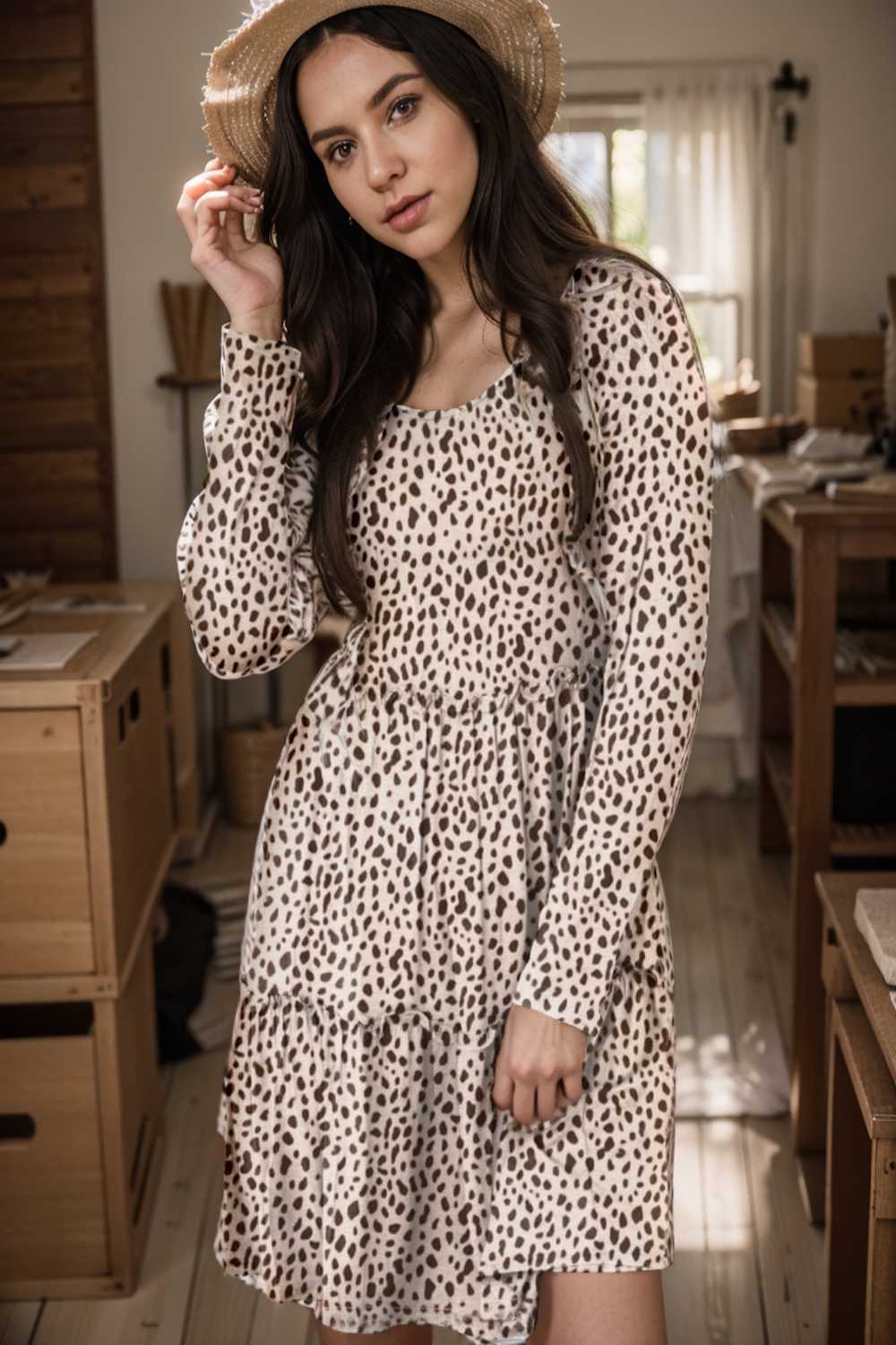 loose leopard print v neck dress drop shoulder a line closed cape paneled 127546