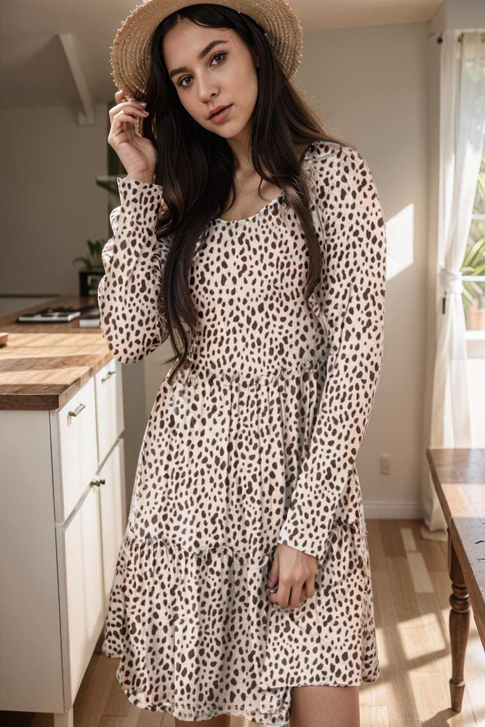 loose leopard print v neck dress drop shoulder a line closed cape paneled 127163