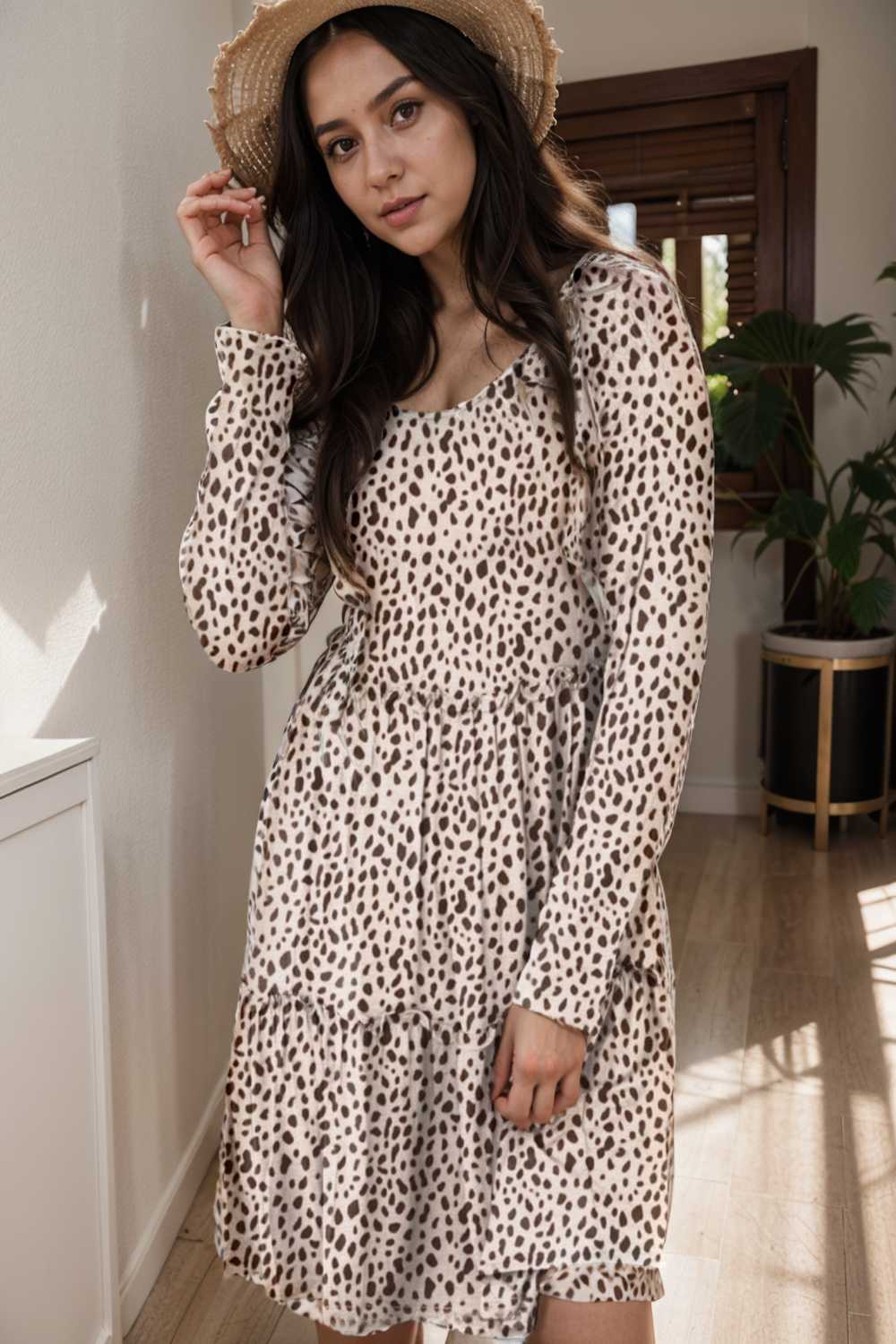 loose leopard print v neck dress drop shoulder a line closed cape paneled 133179
