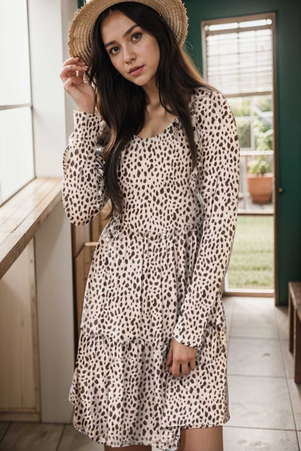 loose leopard print v neck dress drop shoulder a line closed cape paneled 115557