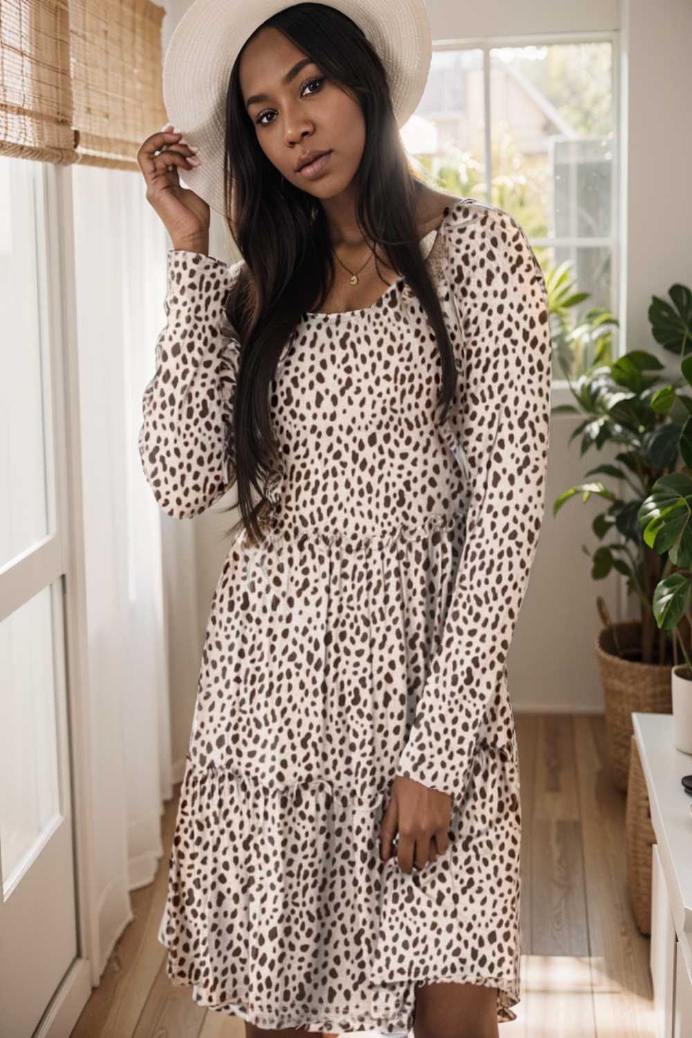 loose leopard print v neck dress drop shoulder a line closed cape paneled 127497