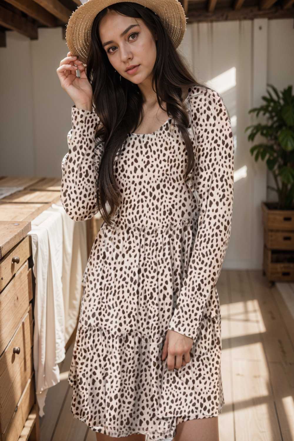loose leopard print v neck dress drop shoulder a line closed cape paneled 115556