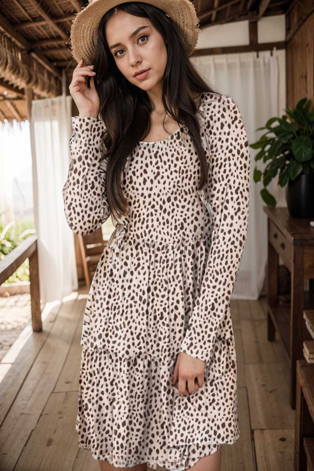 loose leopard print v neck dress drop shoulder a line closed cape paneled 133178