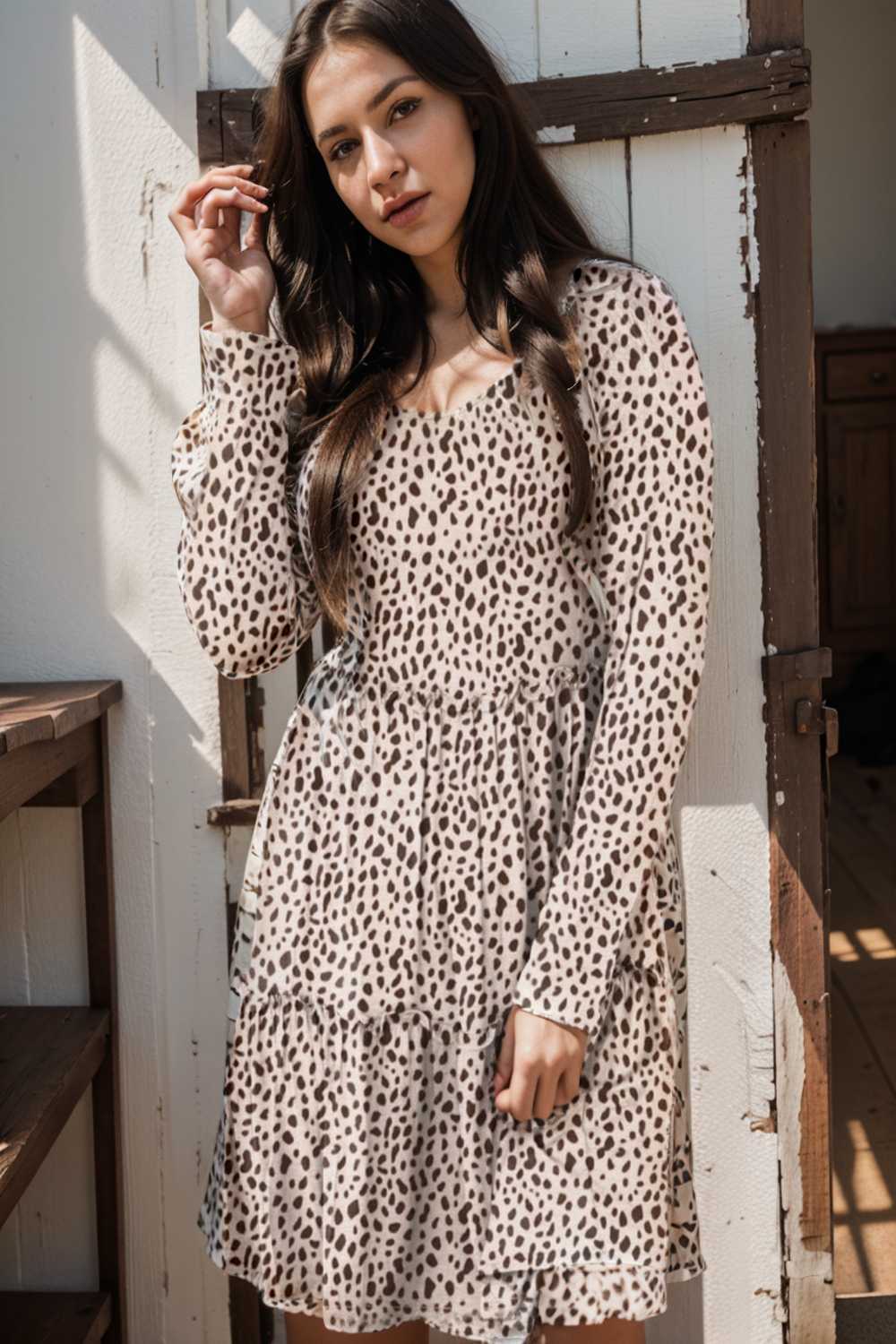 loose leopard print v neck dress drop shoulder a line closed cape paneled 127162