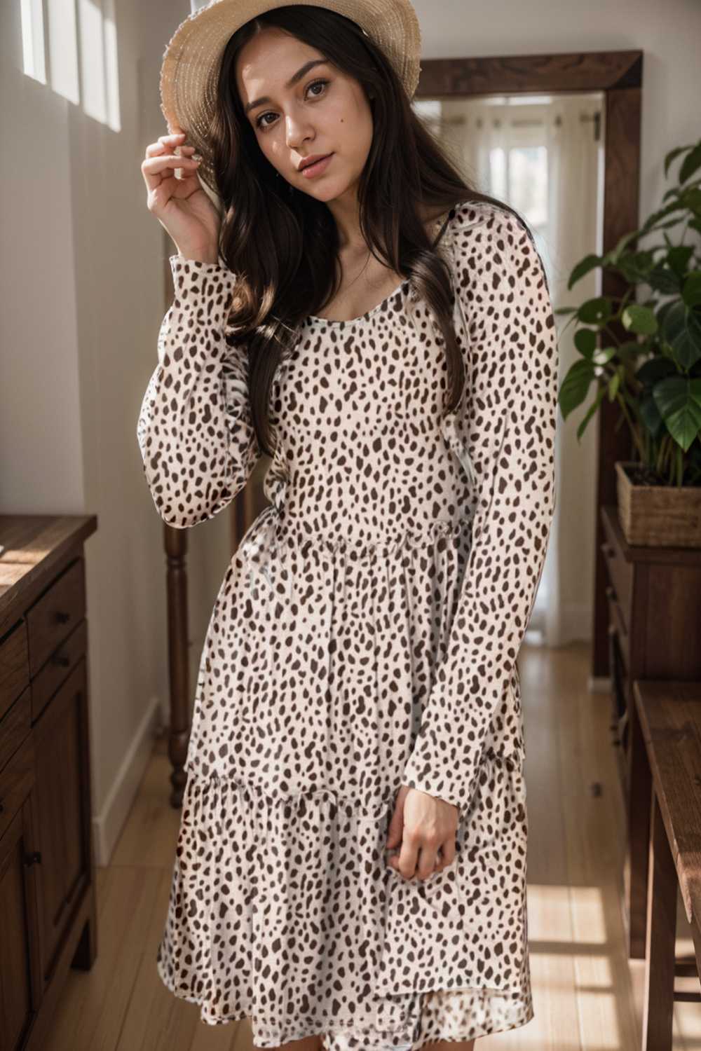 loose leopard print v neck dress drop shoulder a line closed cape paneled 115555