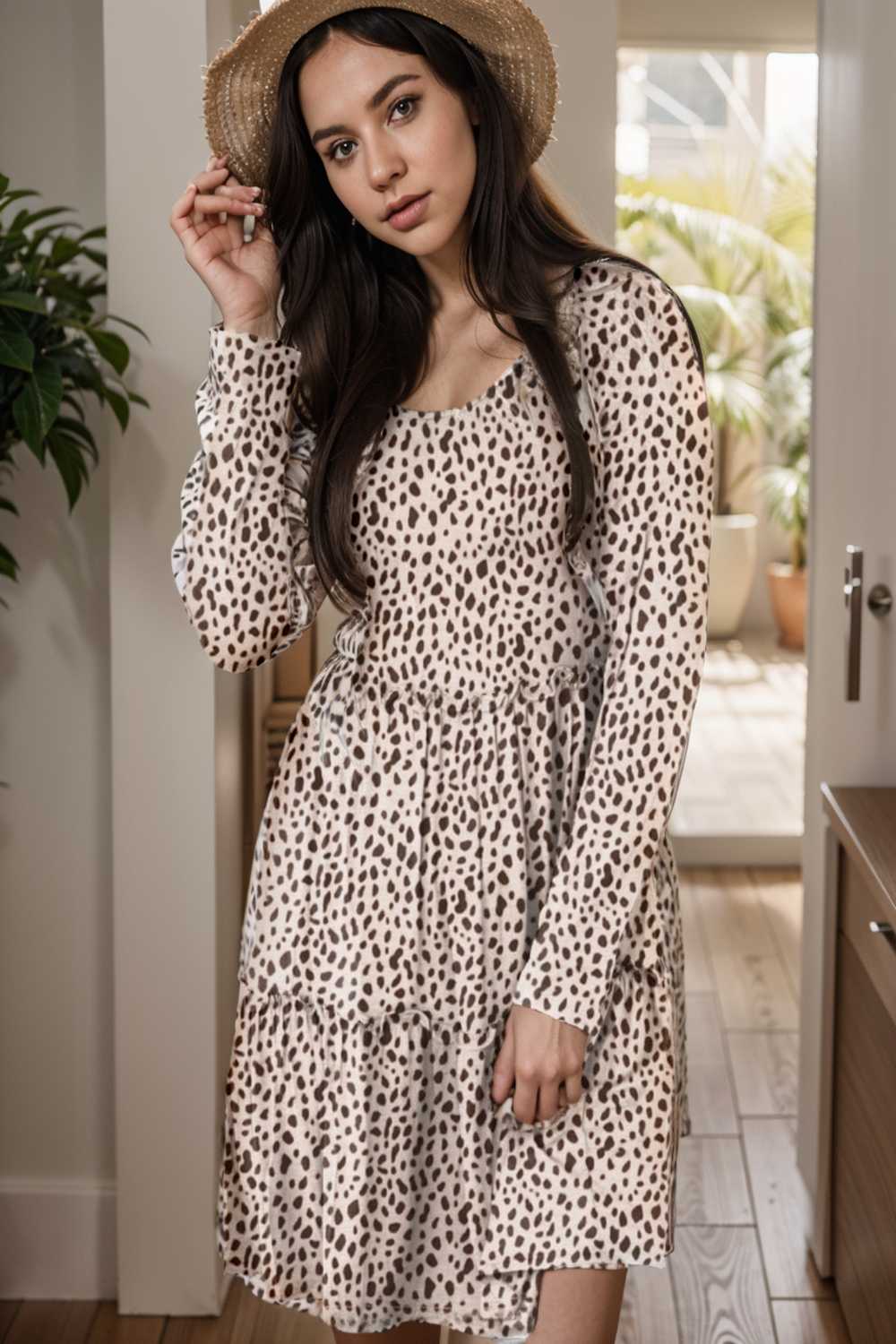 loose leopard print v neck dress drop shoulder a line closed cape paneled 127496