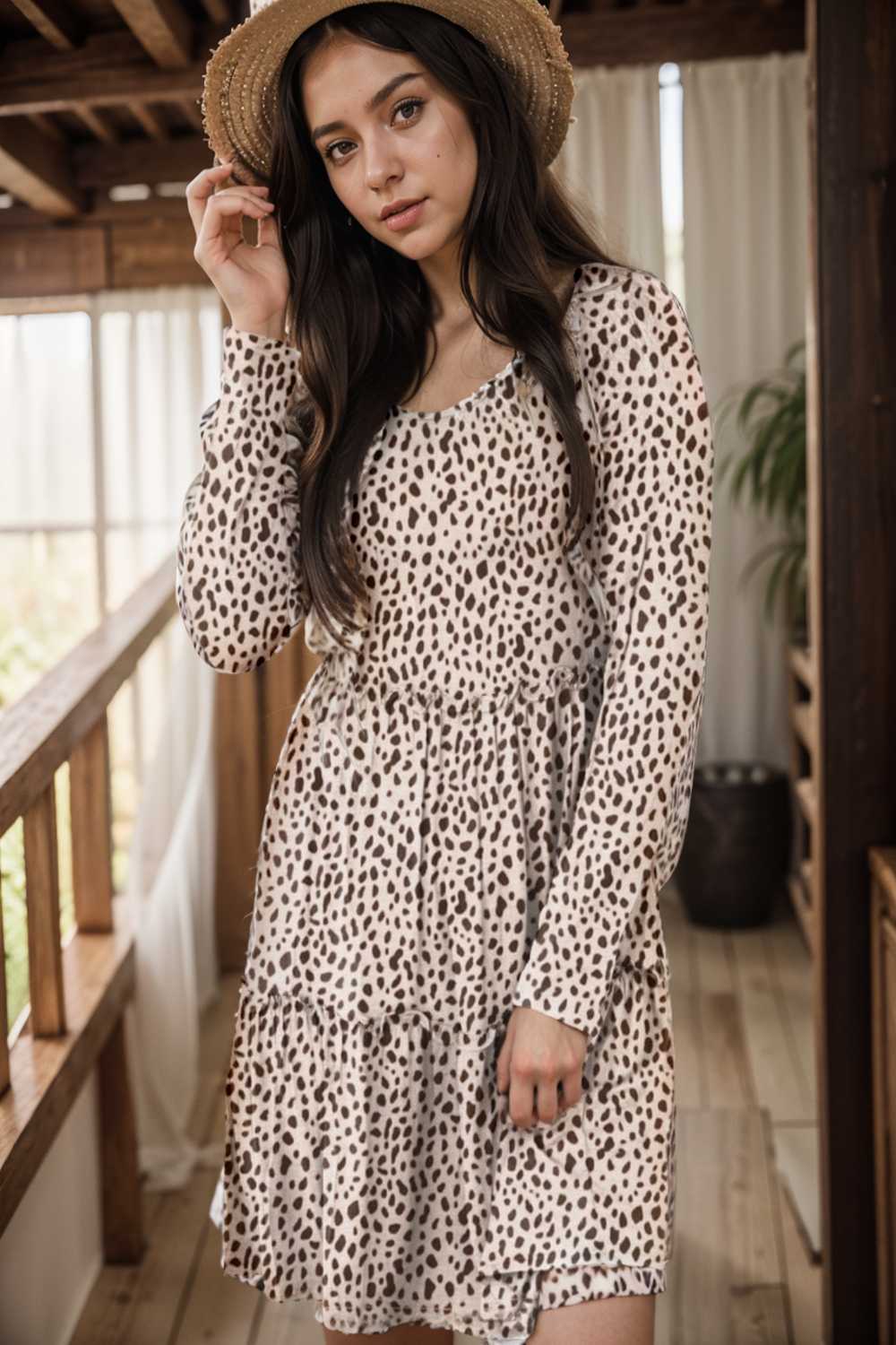 loose leopard print v neck dress drop shoulder a line closed cape paneled 133177