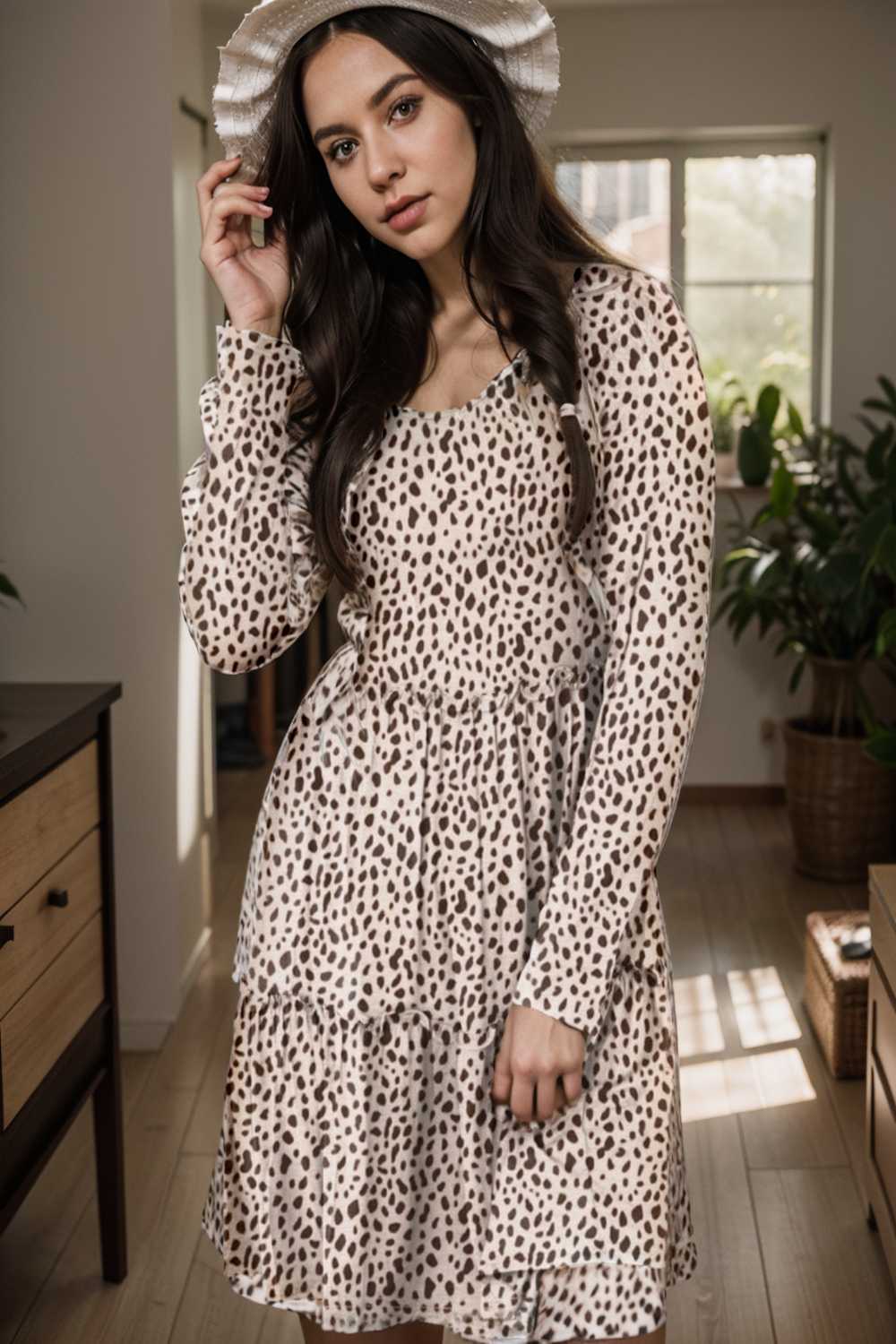 loose leopard print v neck dress drop shoulder a line closed cape paneled 127544