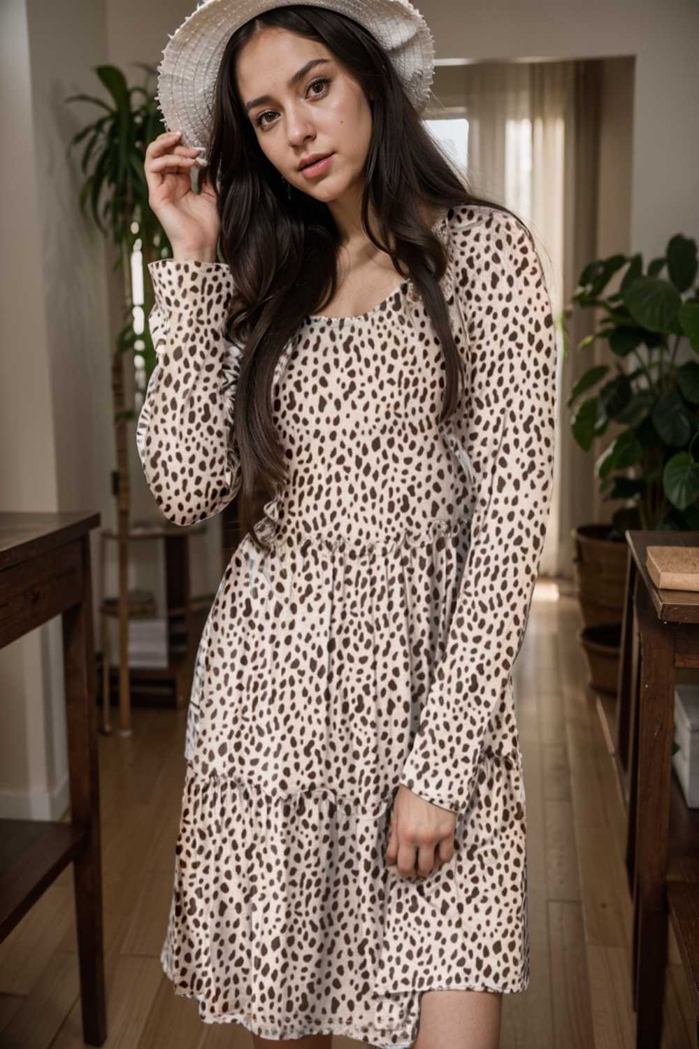 loose leopard print v neck dress drop shoulder a line closed cape paneled 133176