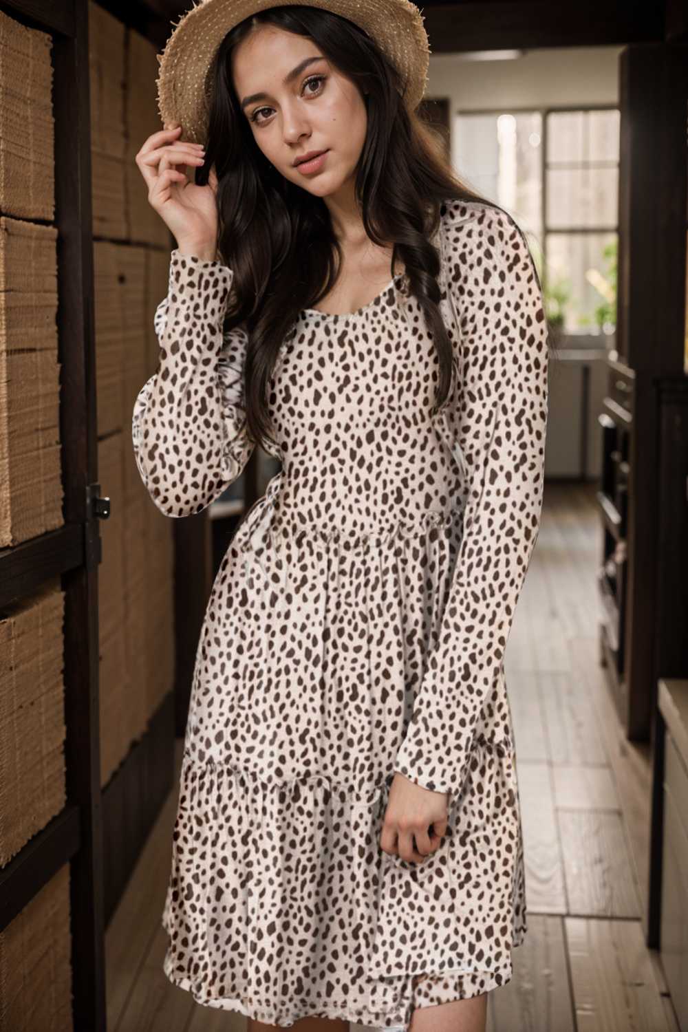 loose leopard print v neck dress drop shoulder a line closed cape paneled 115554