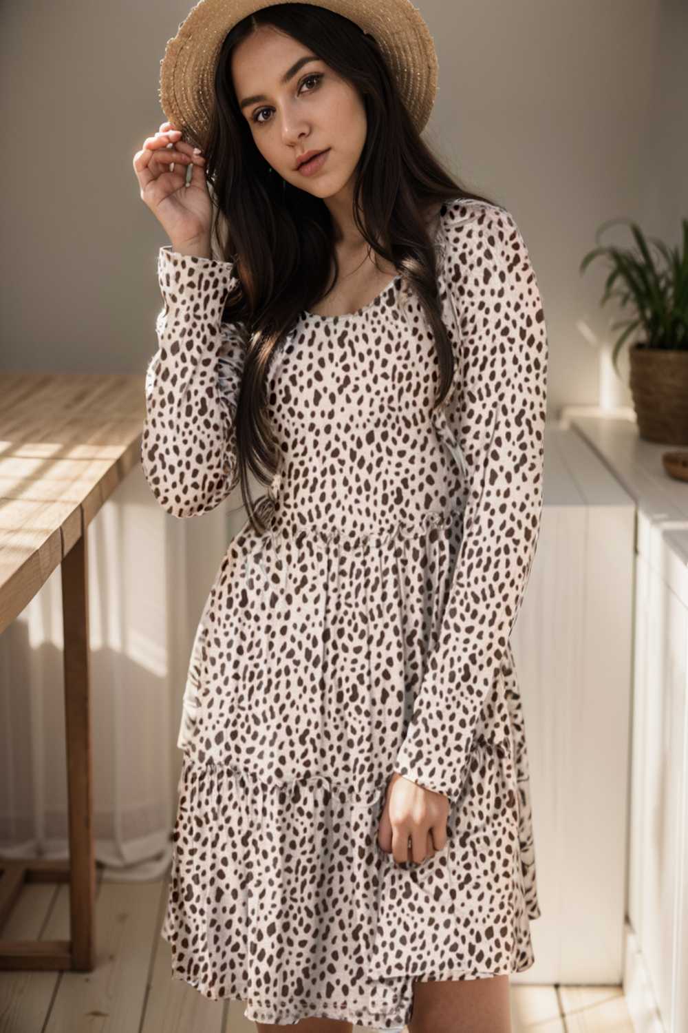 loose leopard print v neck dress drop shoulder a line closed cape paneled 127160