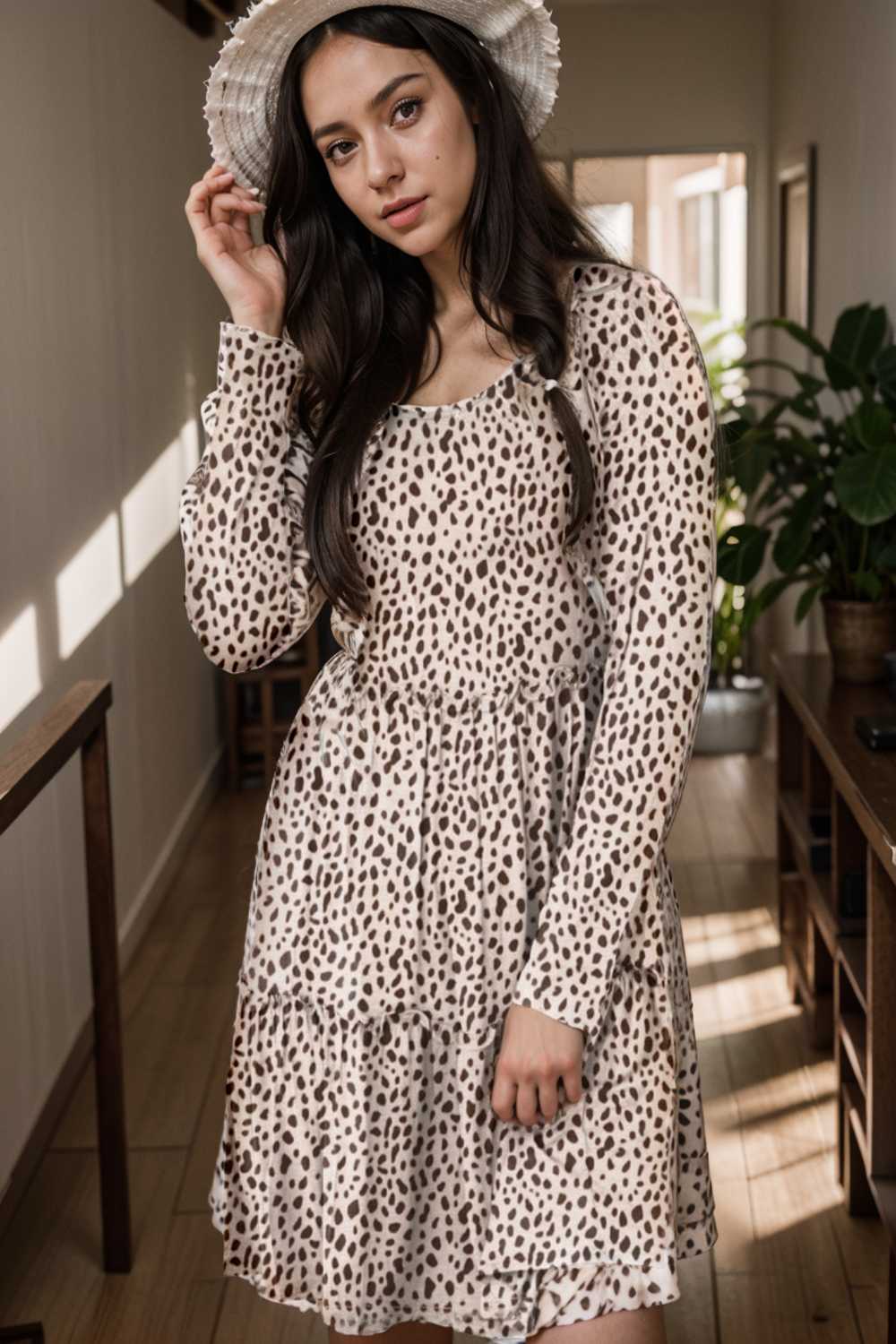 loose leopard print v neck dress drop shoulder a line closed cape paneled 115553