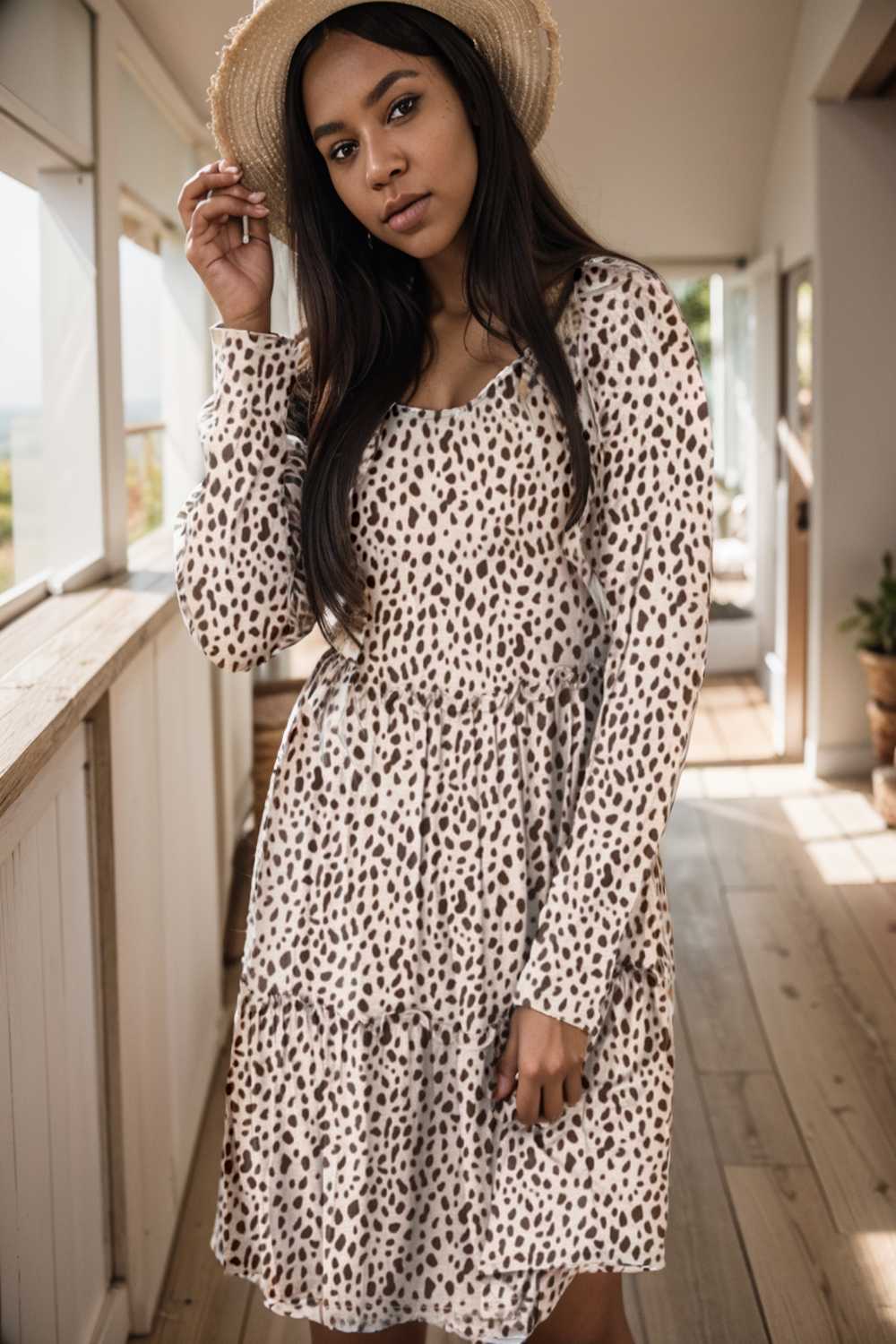 loose leopard print v neck dress drop shoulder a line closed cape paneled 127159