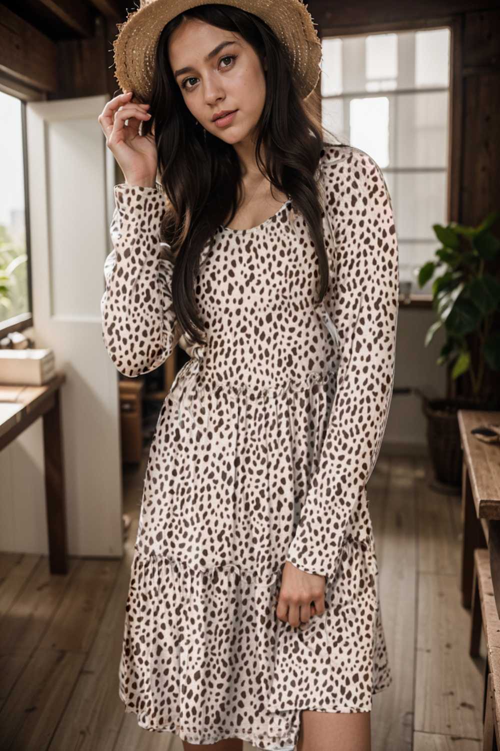 loose leopard print v neck dress drop shoulder a line closed cape paneled 133175
