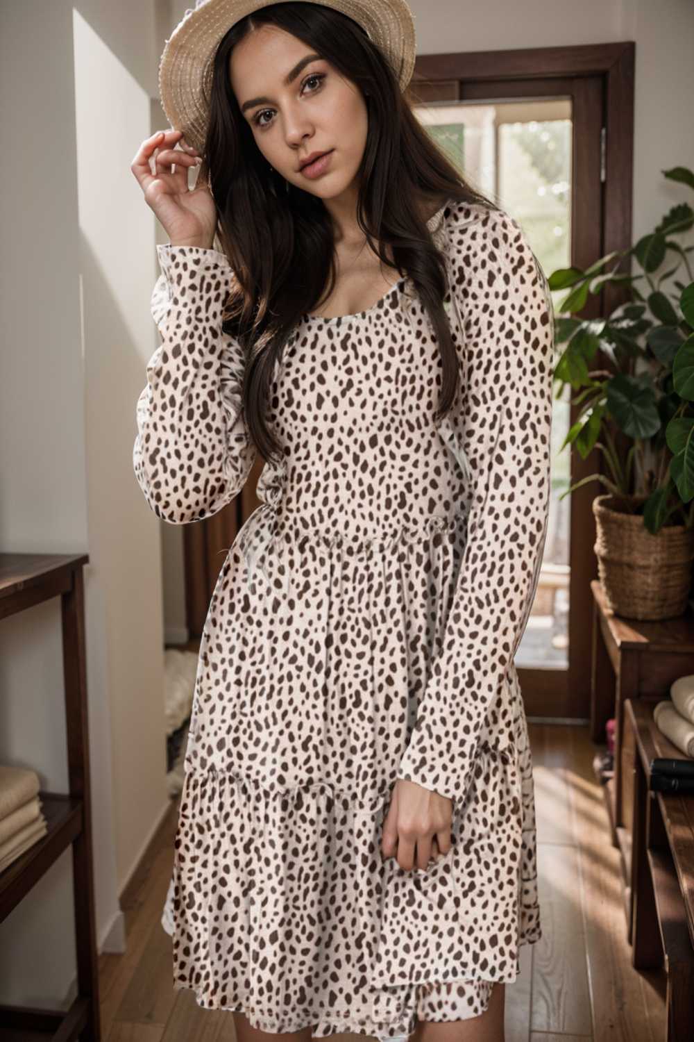 loose leopard print v neck dress drop shoulder a line closed cape paneled 127158