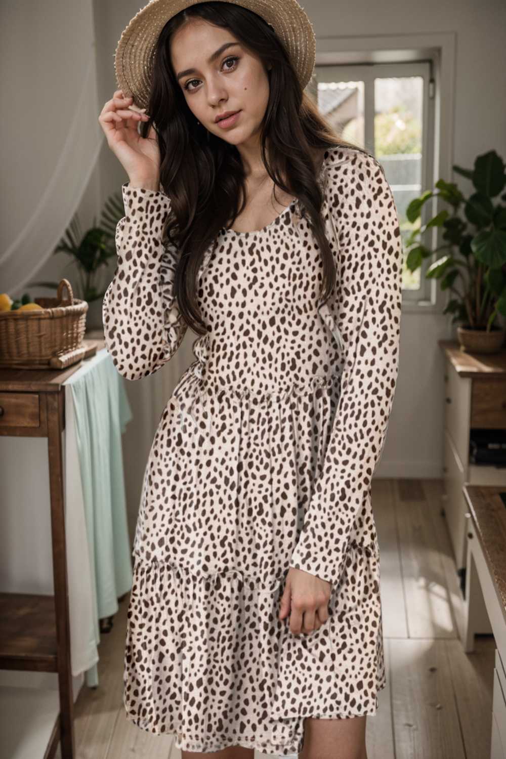 loose leopard print v neck dress drop shoulder a line closed cape paneled 115552