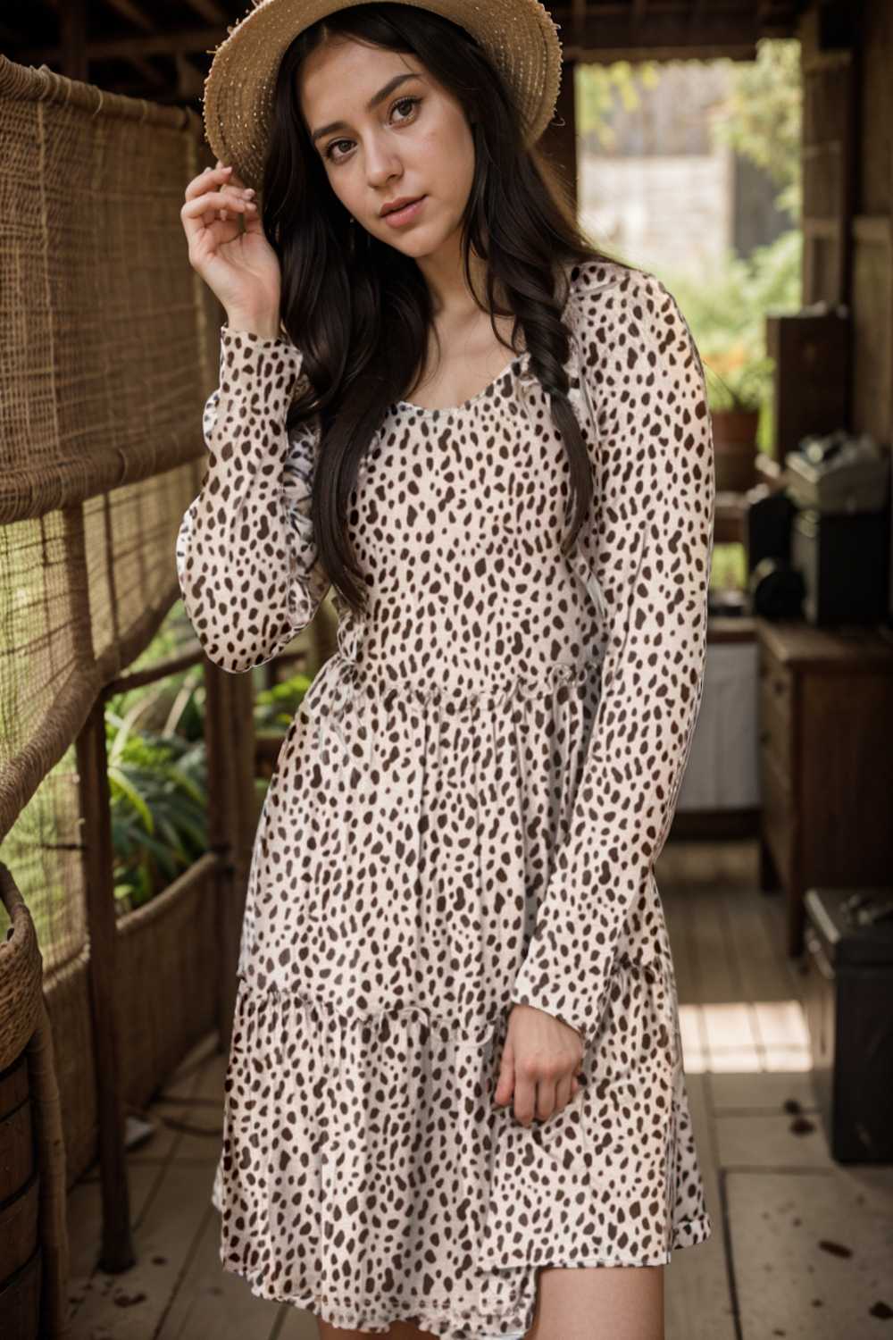loose leopard print v neck dress drop shoulder a line closed cape paneled 115551