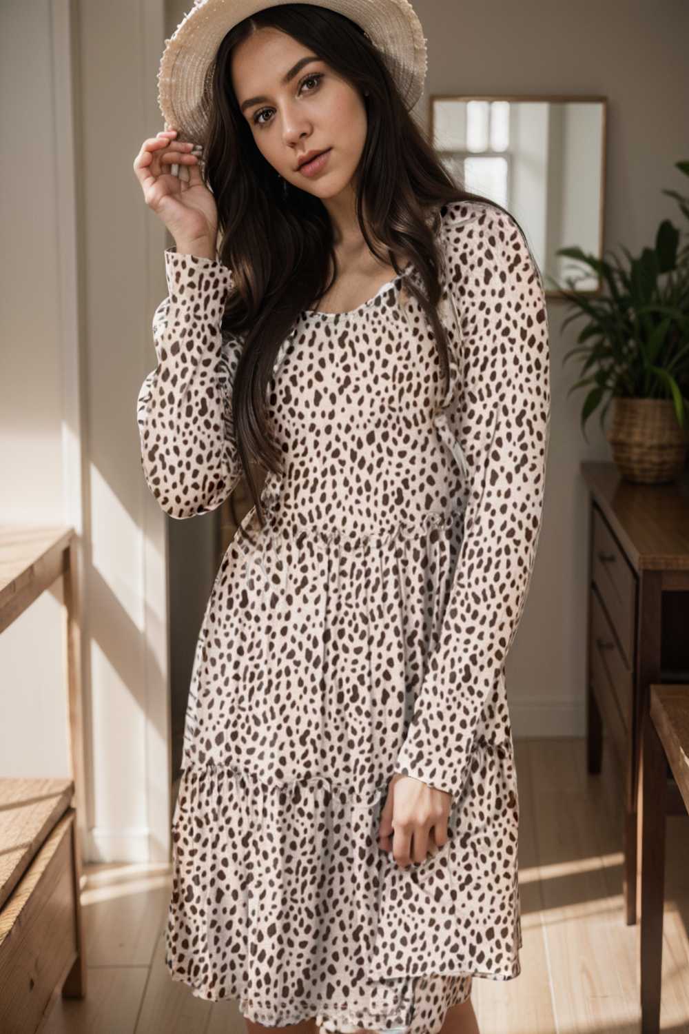 loose leopard print v neck dress drop shoulder a line closed cape paneled 127156