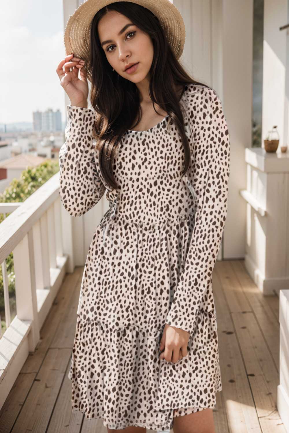 loose leopard print v neck dress drop shoulder a line closed cape paneled 127155