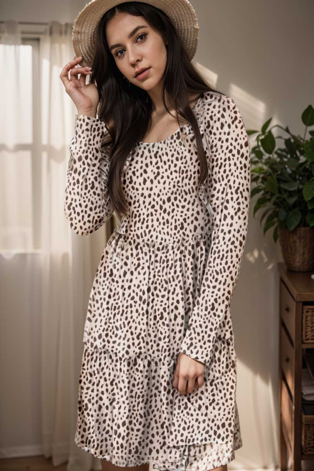 loose leopard print v neck dress drop shoulder a line closed cape paneled 127489
