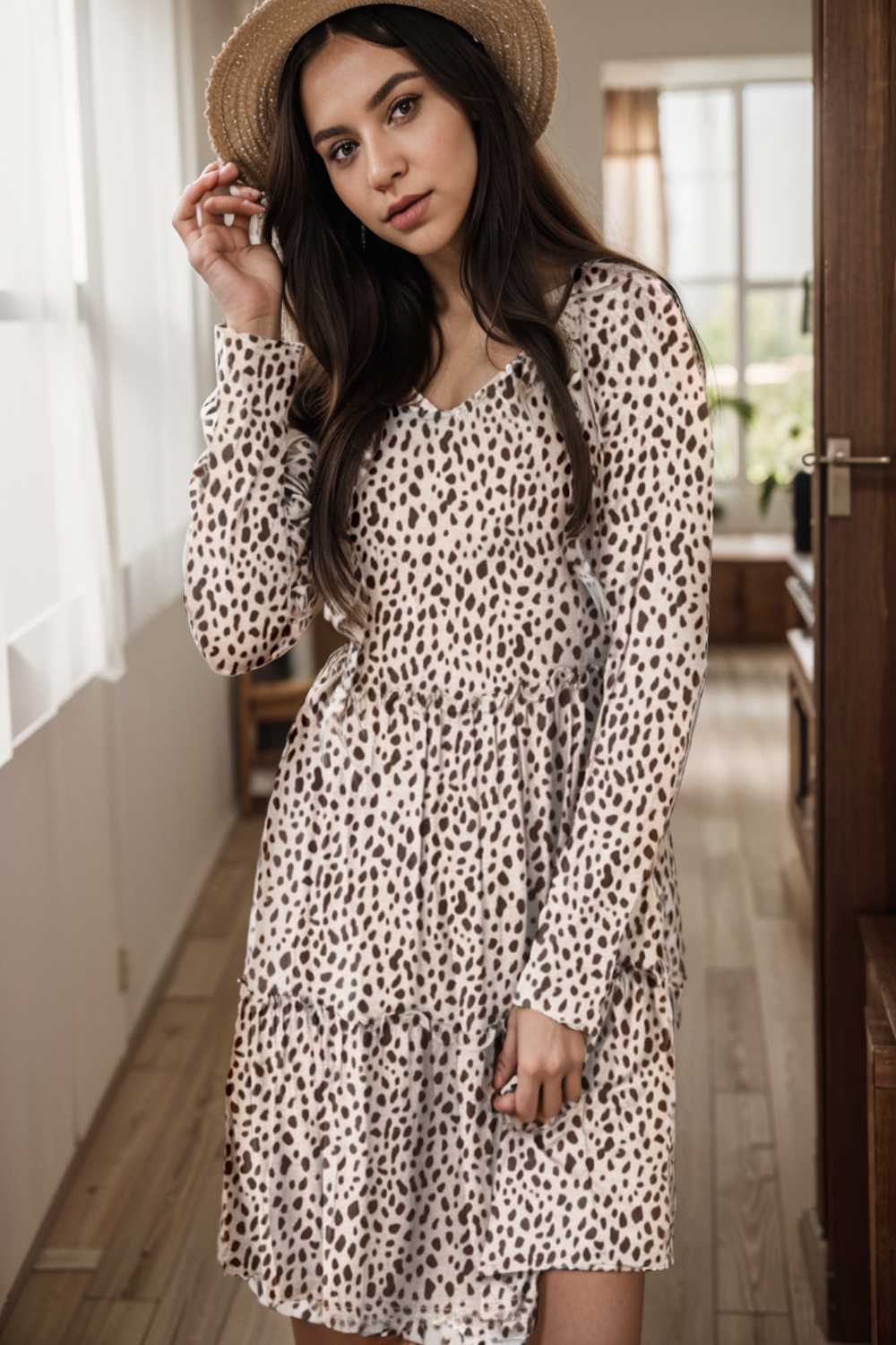 loose leopard print v neck dress drop shoulder a line closed cape paneled 127488